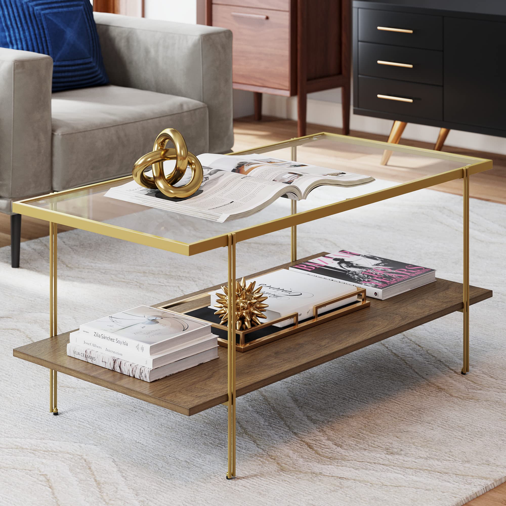 Nathan James Asher Mid-Century Rectangle Coffee Table Glass Top and Wood Finish Storage Shelf with Metal Legs, Walnut/Black