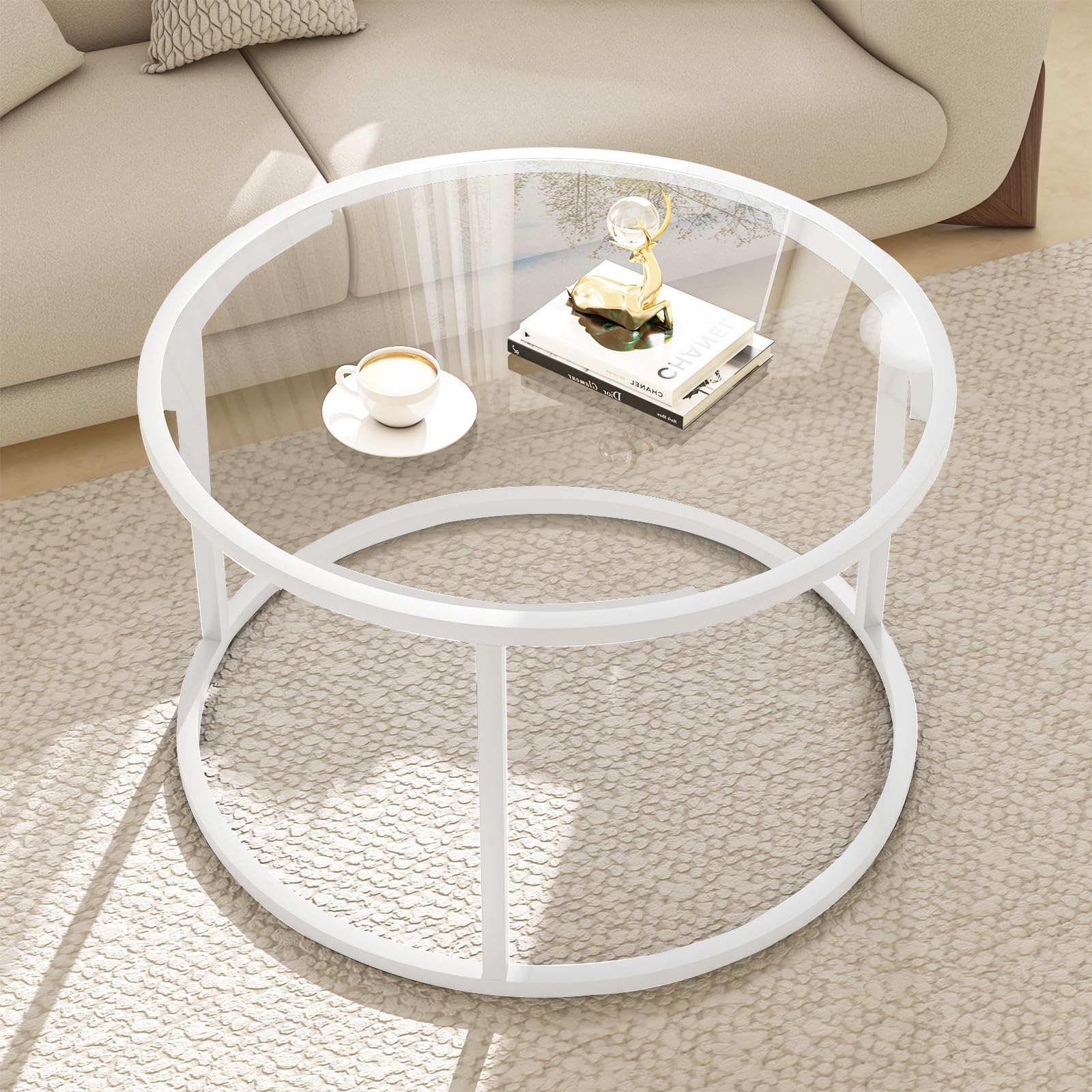 Glass Coffee Table Modern Center Table,Minimalist Coffee Table for Living Room,Tempered Glass-top with Sturdy Metal Frame, Easy Assembly,Black