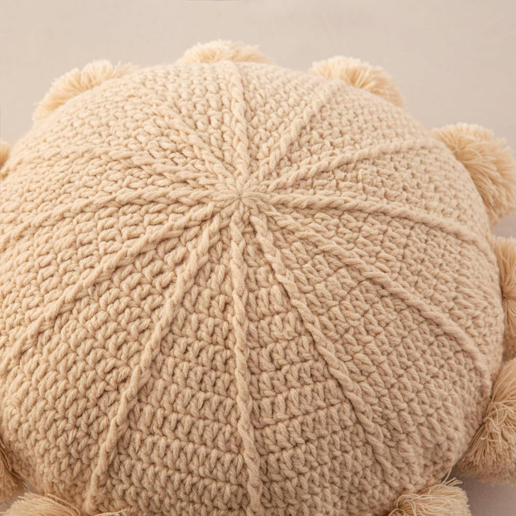 Knitted Round Throw Pillow Handmade Couch Pillow Decorative Pillow with Pom Pom (Beige, 18inch)
