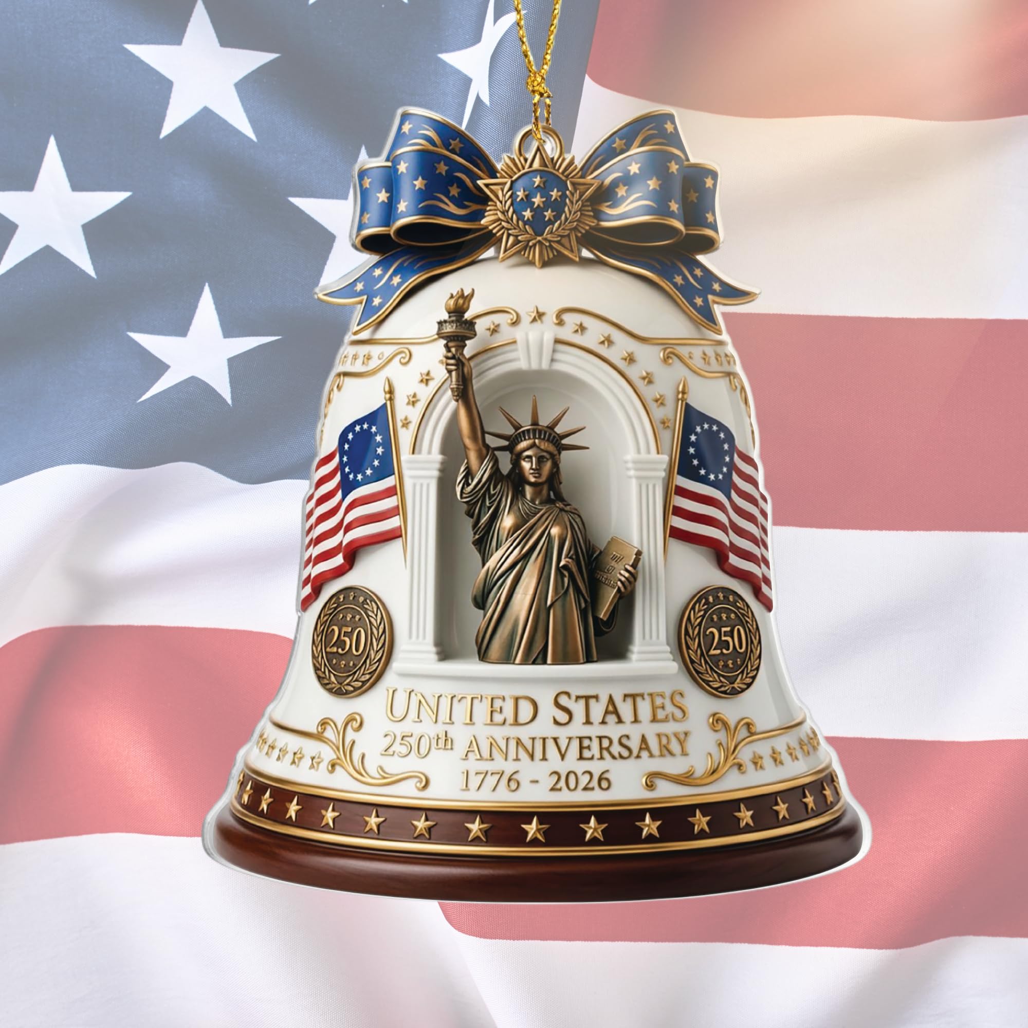 Patriotic Decorations 250 Anniversary USA Ornament - Statue of Liberty Bell, 4th of July Independence Day Tree Decor, 1776-2026 Commemorative Gift, Liberty Bell Flat Acrylic for Proud Veterans