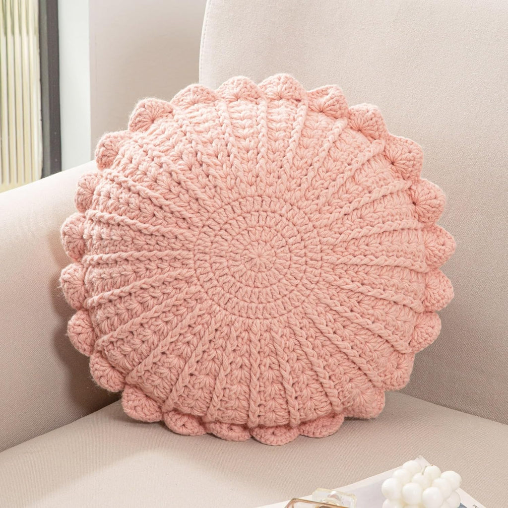 Knitted Throw Pillow Round Couch Pillow Handmade Decorative Plush Pillow Cute Cushion (Pink, 18inch)