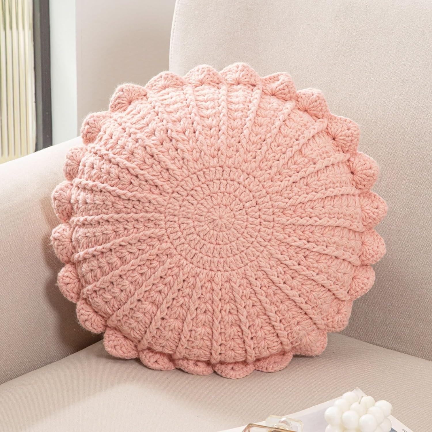 Knitted Throw Pillow Round Couch Pillow Handmade Decorative Plush Pillow Cute Cushion (Pink, 18inch)