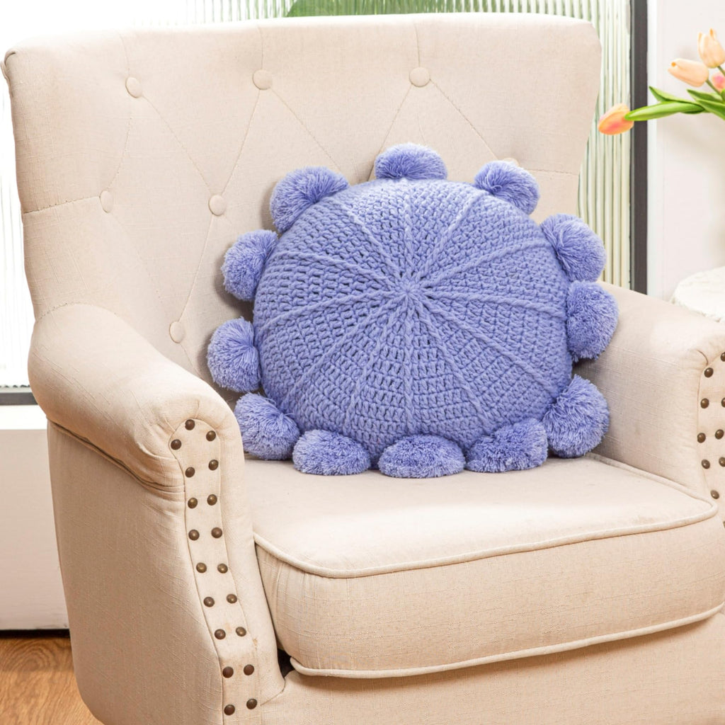 Knitted Round Throw Pillow Handmade Couch Pillow Decorative Pillow with Pom Pom (Beige, 18inch)