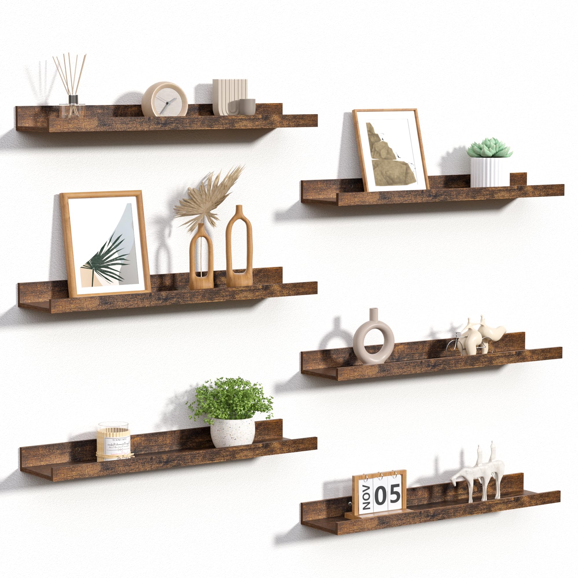 upsimples 6 Pack Wooden Floating Shelves, Wall Storage Decor Shelf for Bathroom, Bedroom, Living Room, Kitchen, Office and Laundry Room, Wall Mounted Display Hanging Shelf, Brown