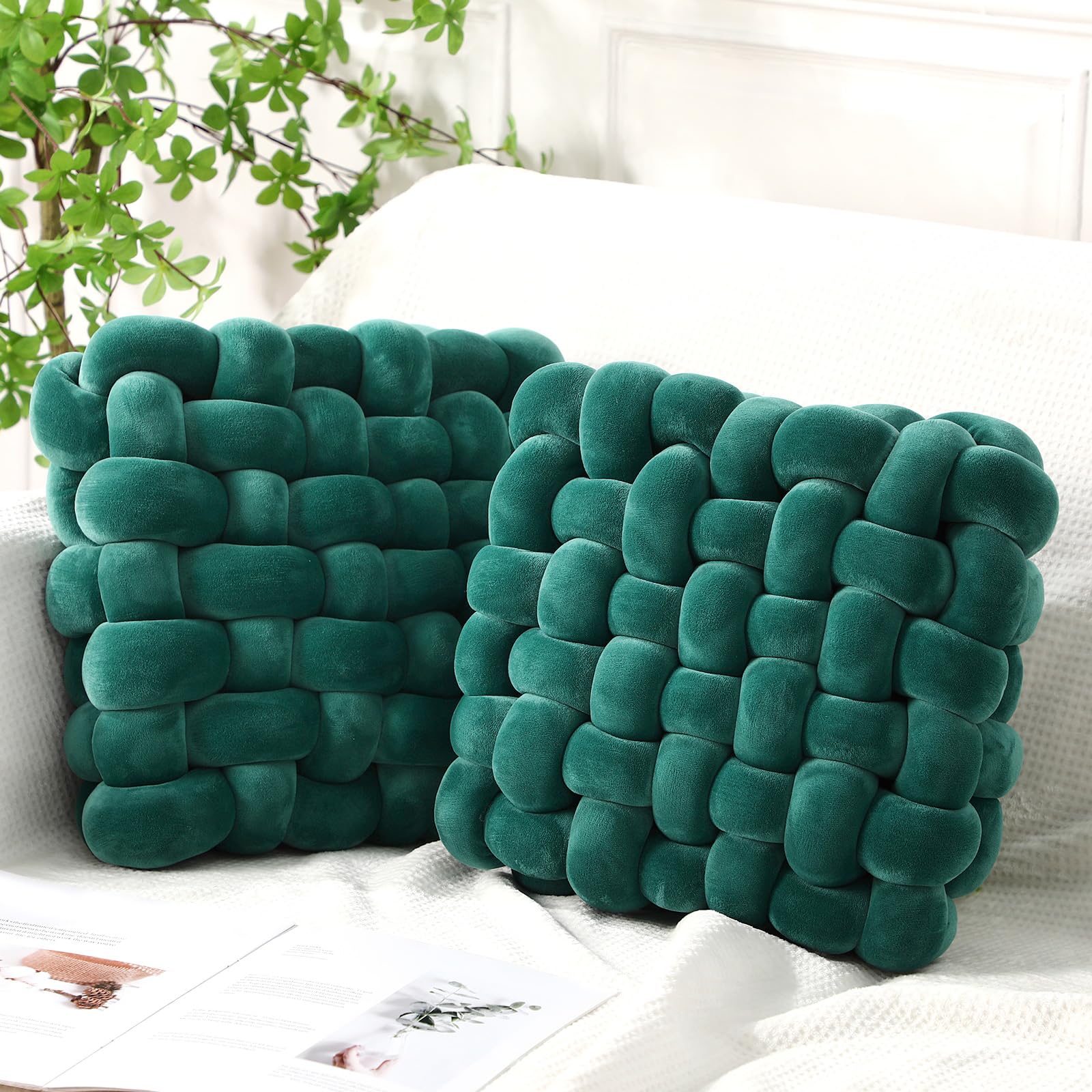 Wenqik 2 Pcs Knot Pillows Square Knotted Plush Throws Soft Accent Pillows Decoration Cushion for Couch Home Office Living Room Bedroom Bed Sofa Decor, 12'' x 13''(Ivory,Crystal Velvet)