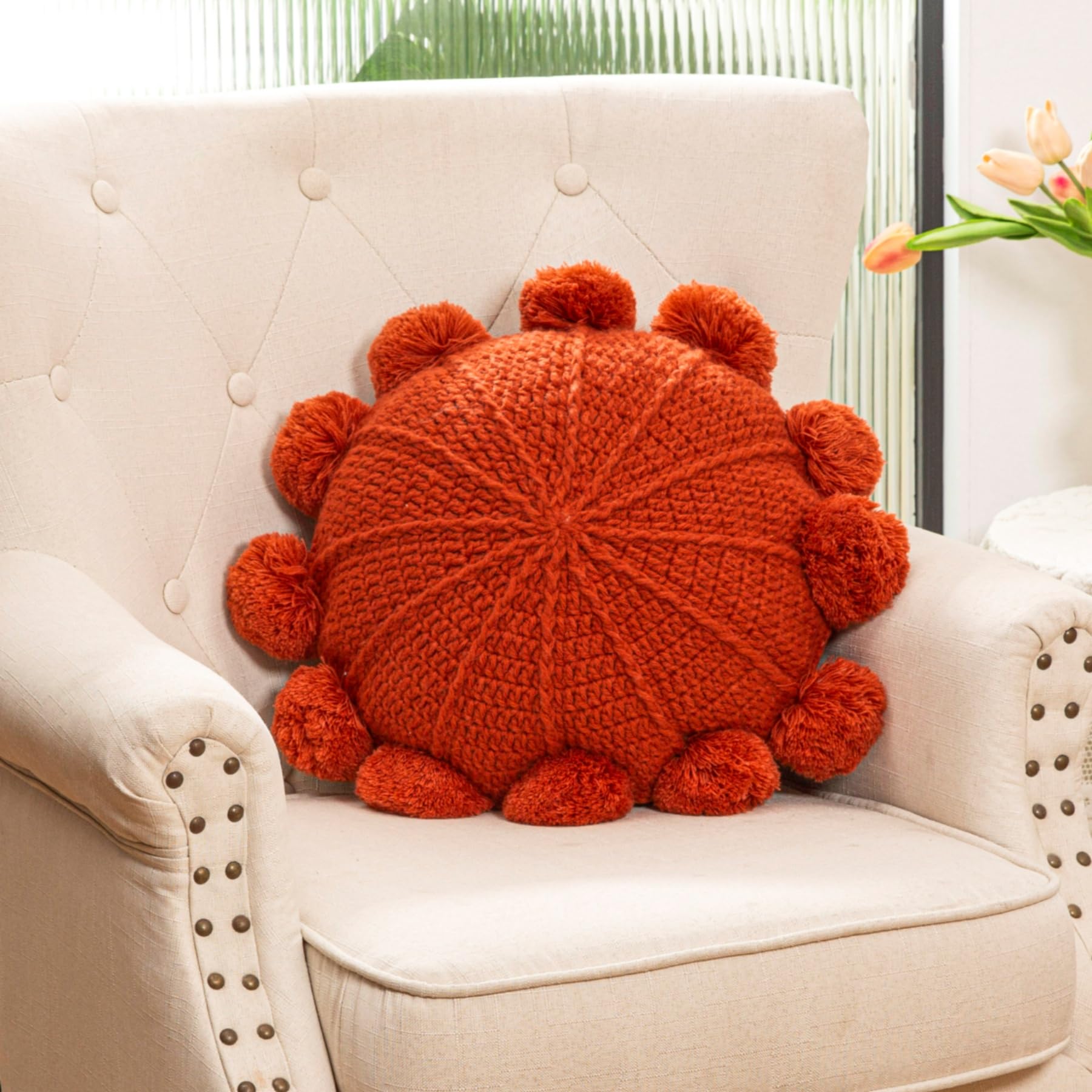 Knitted Round Throw Pillow Handmade Couch Pillow Decorative Pillow with Pom Pom (Beige, 18inch)
