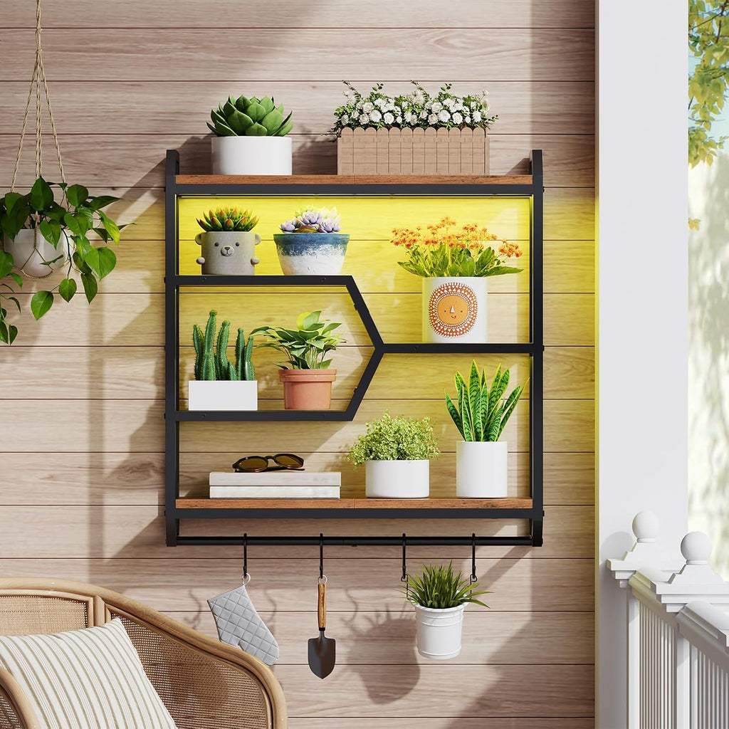 HOOBRO 27.5" Floating Shelf with LED Lights, Gaming LED Wall Mounted Shelf with Hanging Rod & 4 S-Hooks, 4-Tier Hanging Display Rack, for Living Room, Gaming Room, Rustic Brown and Black BF71DBJ01
