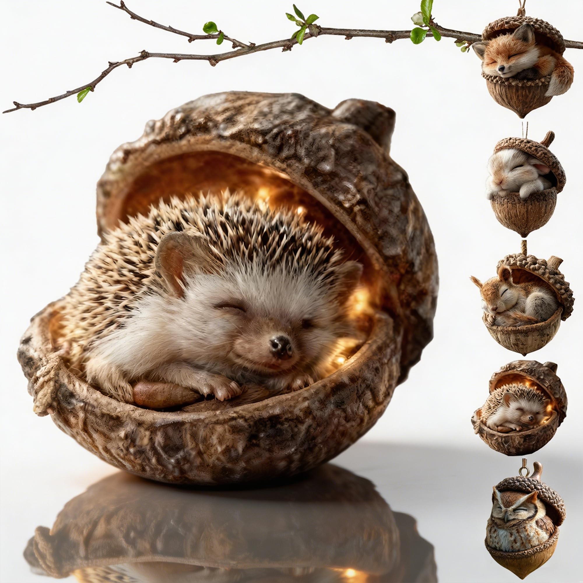 3D Forest Animal Acorn Ornaments, Woodland Christmas Decor with Realistic Animal Figures, Resin Hanging Ornaments for Christmas Tree, Home, Party Decor, Cozy Forest Theme Collection (Bunny)