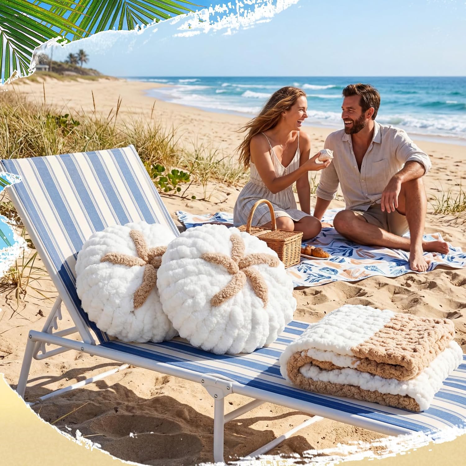 Breling 2 Pack Light Brown Hand Crochet Sand Dollar Knit Throw Pillows, Coastal Nautical Decor Cushions for Couch Beach Nursery
