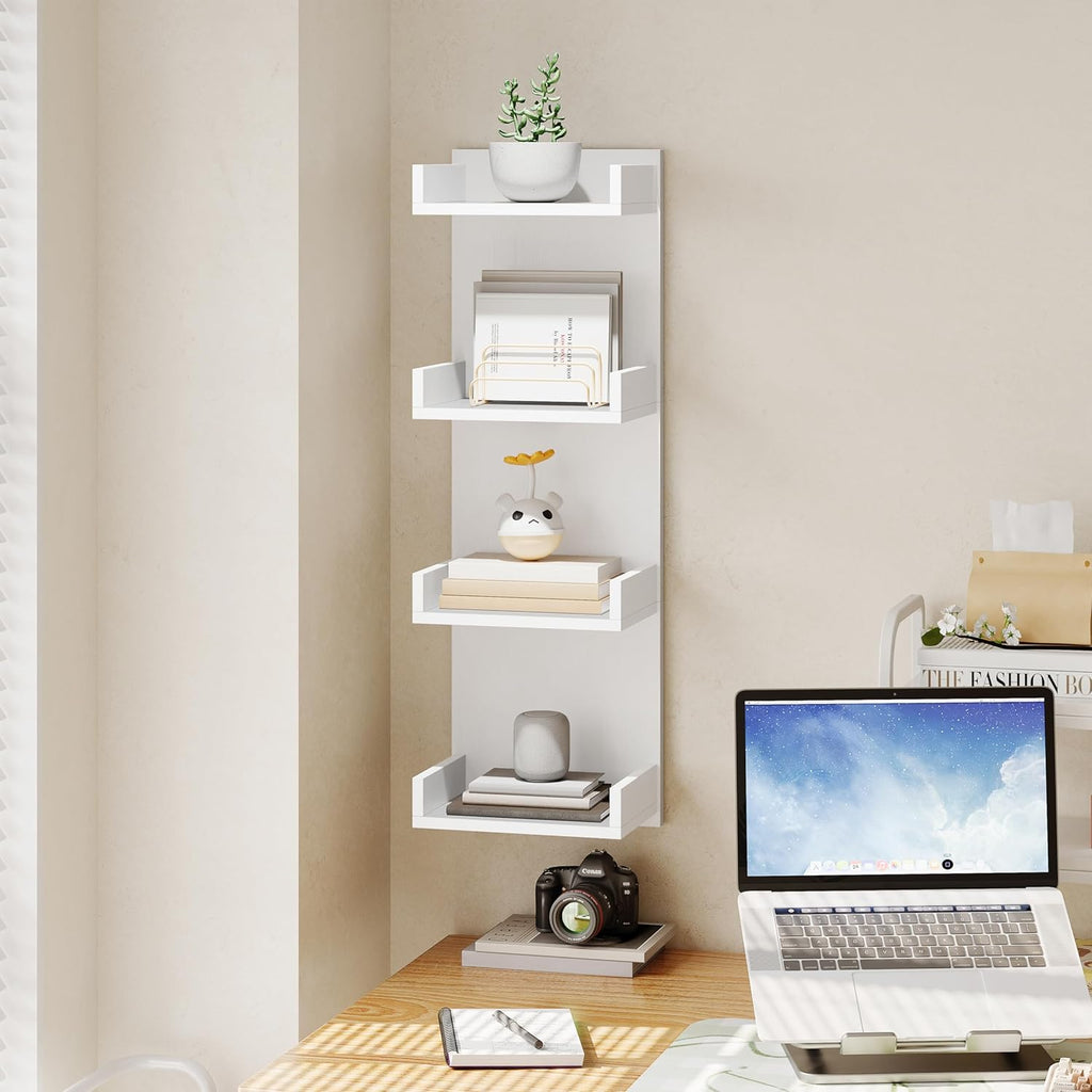 HOOBRO Floating Wall Shelves with LED Lights, Floating Shelf Wall Mounted for Storage, Vertical Display Stand, Modern Column Rack, for Bedroom, Livingroom, 4-Tier, 35.8 Inches, White, WT41DBJ01