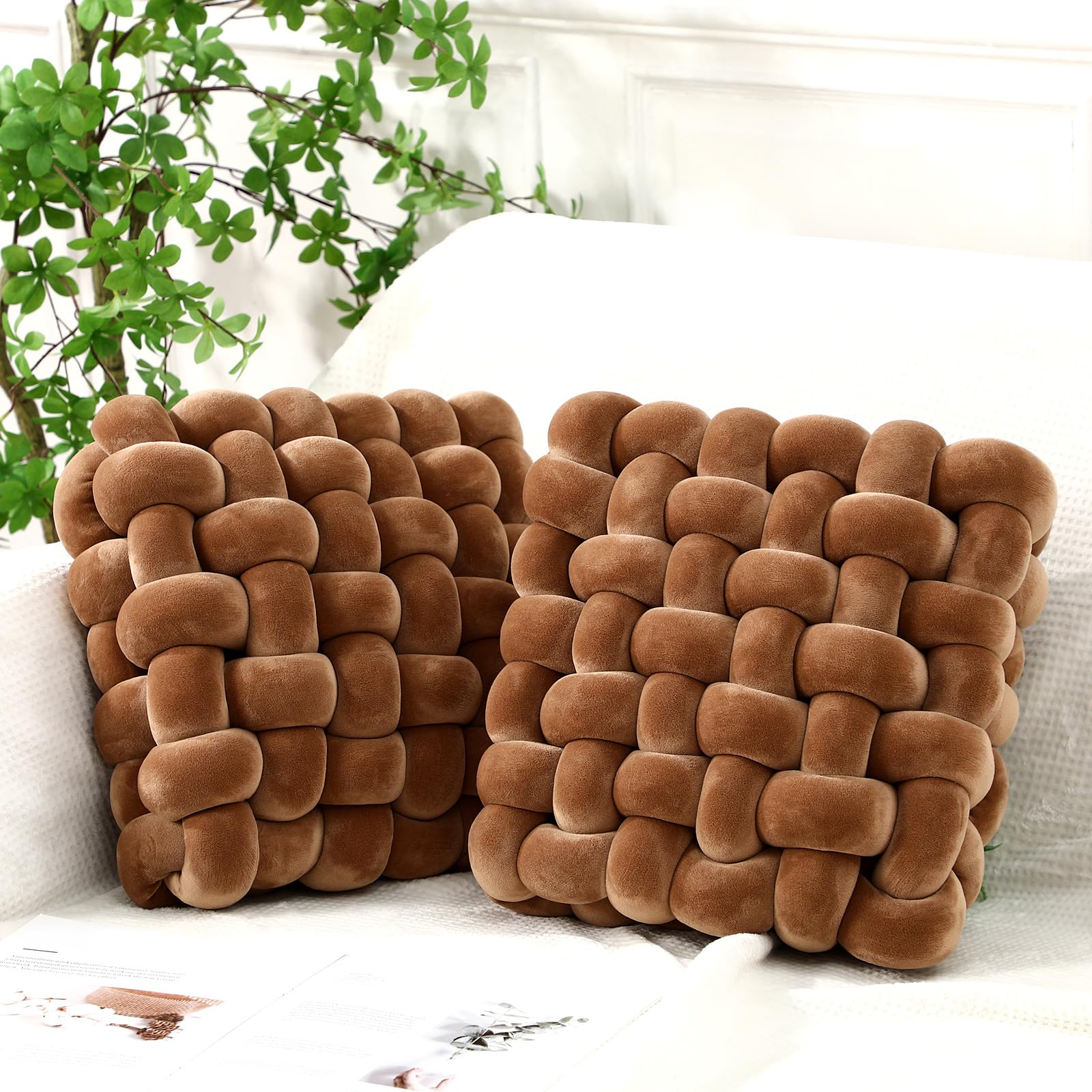 Wenqik 2 Pcs Knot Pillows Square Knotted Plush Throws Soft Accent Pillows Decoration Cushion for Couch Home Office Living Room Bedroom Bed Sofa Decor, 12'' x 13''(Ivory,Crystal Velvet)