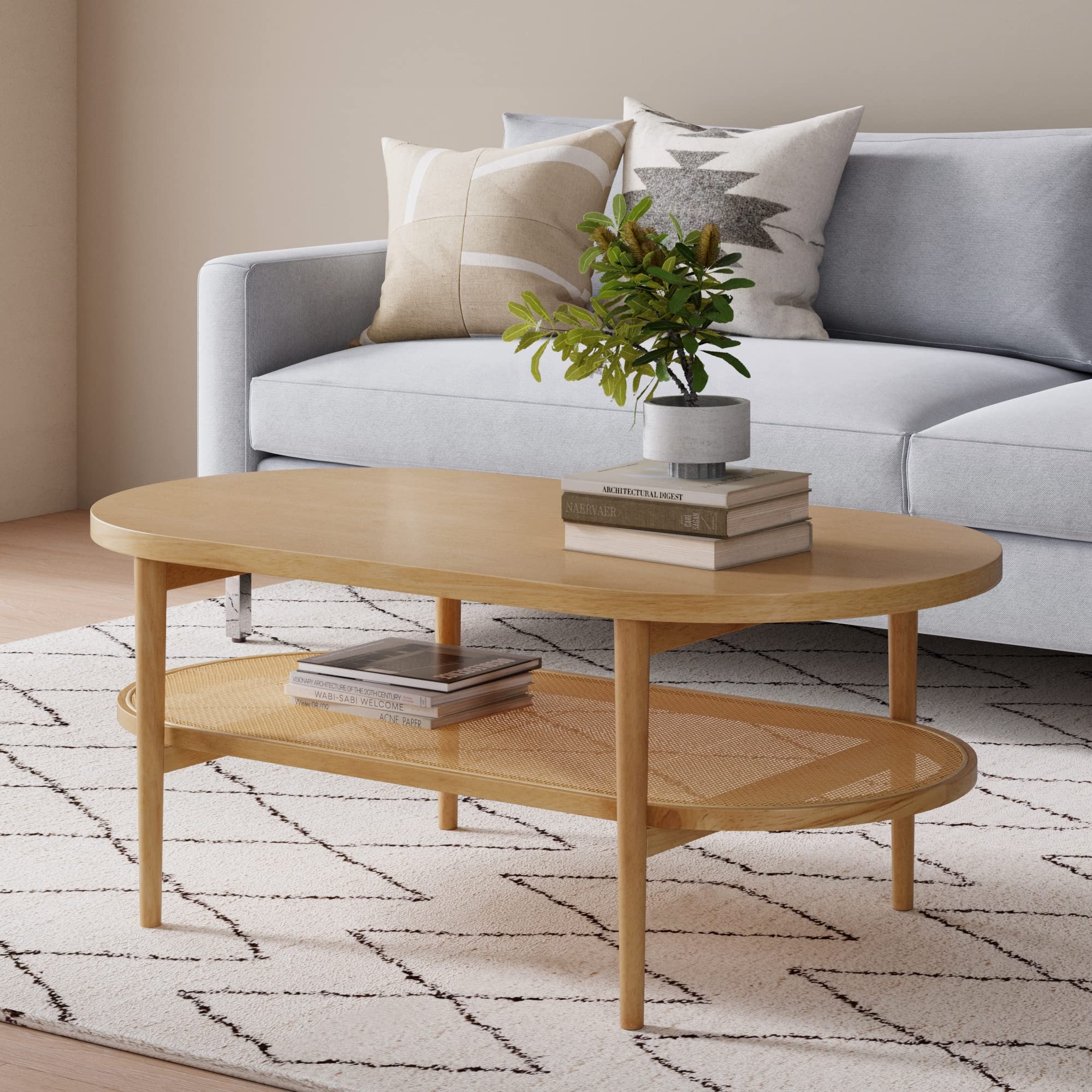 Nathan James Asher Mid-Century Rectangle Coffee Table Glass Top and Wood Finish Storage Shelf with Metal Legs, Walnut/Black