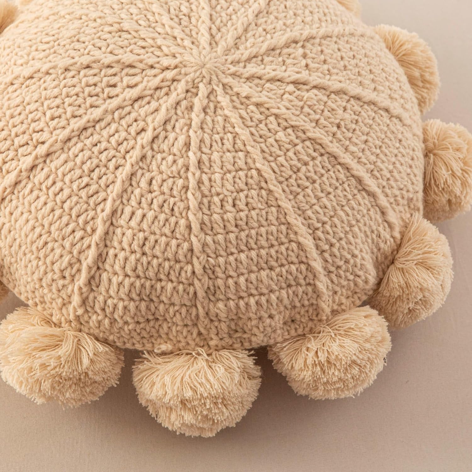 Knitted Round Throw Pillow Handmade Couch Pillow Decorative Pillow with Pom Pom (Beige, 18inch)
