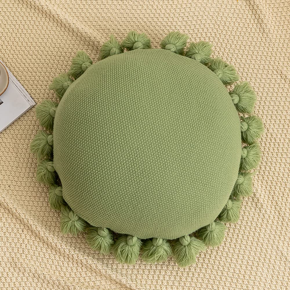 ATMOSURELY Boho Round Knitted Throw Pillow Sage Green Accent Pillow with Tassel Knit Woven Cushion Pillow Home Decor for Bed Sofa Living Room 18 Inches (Sage Green)