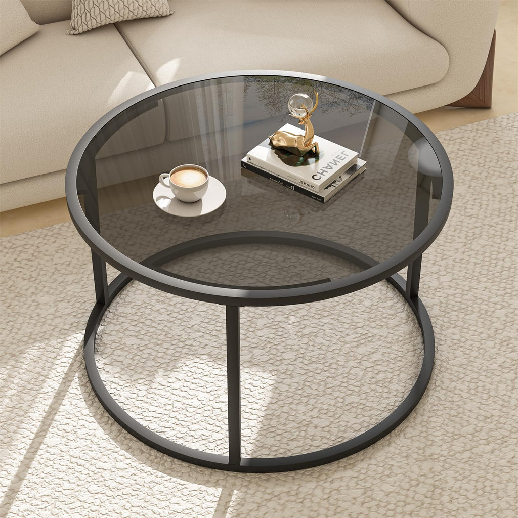 Glass Coffee Table Modern Center Table,Minimalist Coffee Table for Living Room,Tempered Glass-top with Sturdy Metal Frame, Easy Assembly,Black