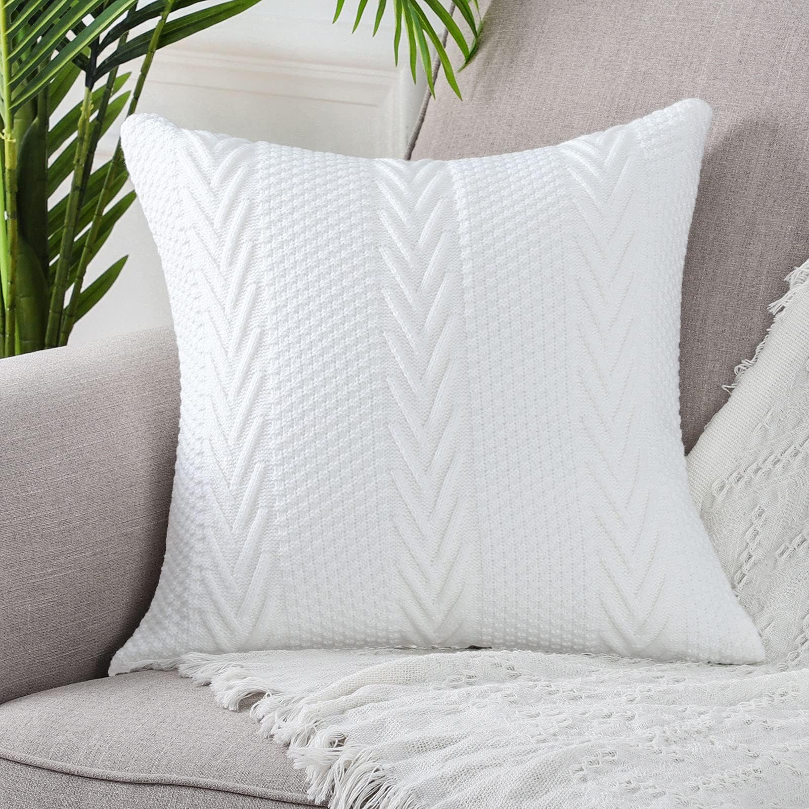 MANDIOO Cotton Knitted Decorative Throw Pillow Covers Soft Cozy Outdoor Cushion Cases Luxury Modern Pillowcases for Couch Sofa Bed 20x20 Inches Beige