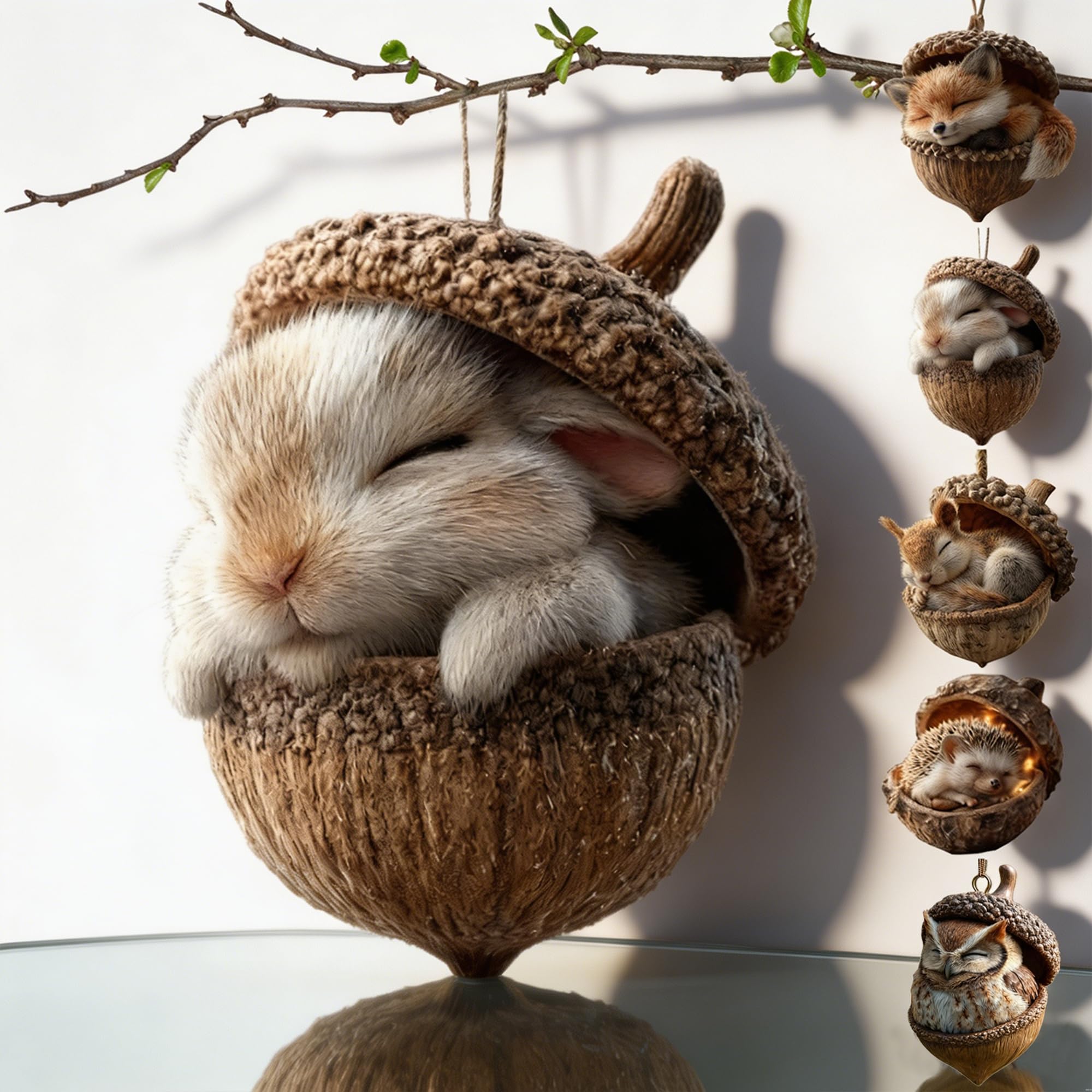 3D Forest Animal Acorn Ornaments, Woodland Christmas Decor with Realistic Animal Figures, Resin Hanging Ornaments for Christmas Tree, Home, Party Decor, Cozy Forest Theme Collection (Bunny)