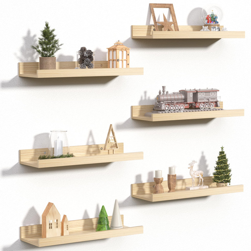 upsimples 6 Pack Wooden Floating Shelves, Wall Storage Decor Shelf for Bathroom, Bedroom, Living Room, Kitchen, Office and Laundry Room, Wall Mounted Display Hanging Shelf, Brown