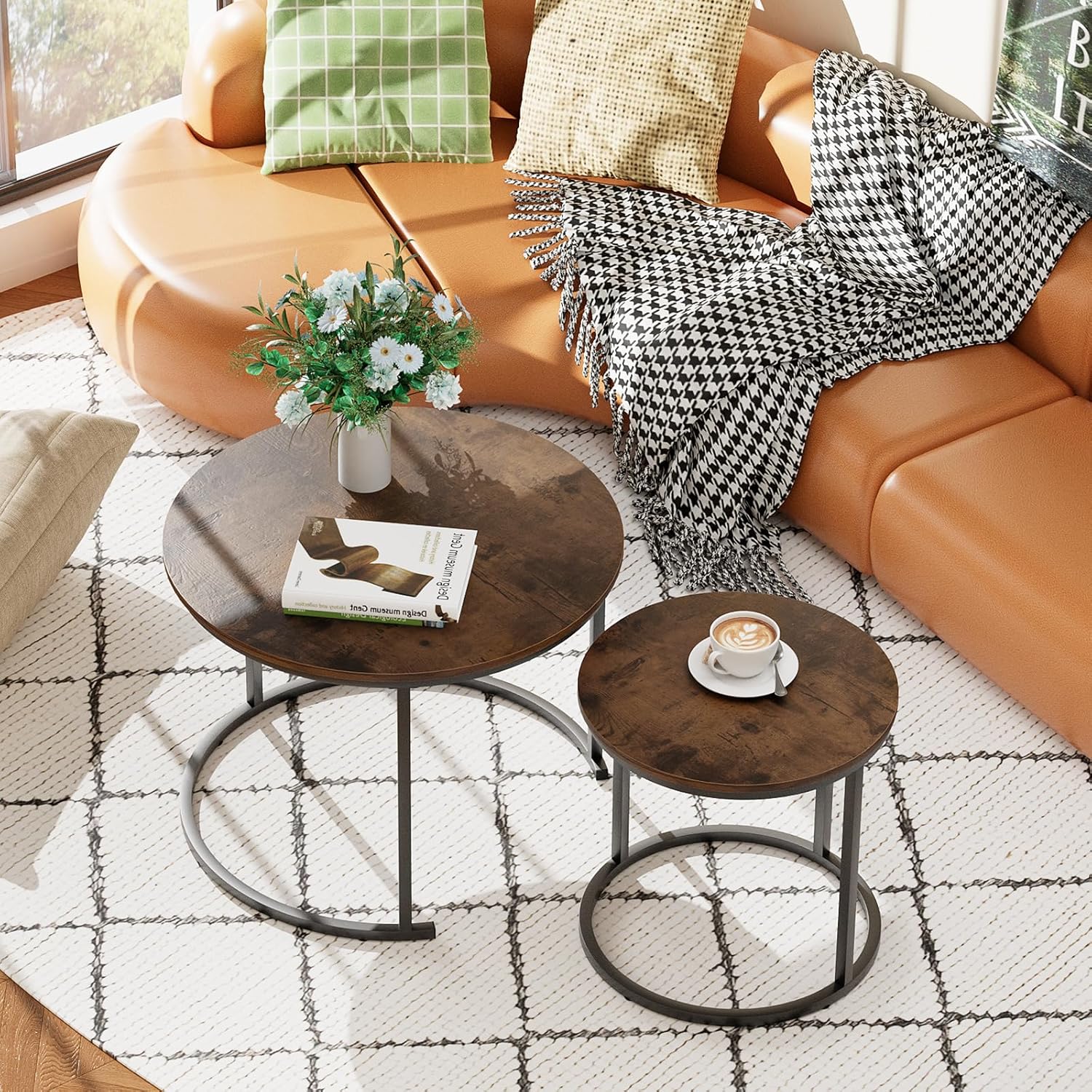 2 Pack Nesting Round Coffee Tables, Rustic Brown Side End Tables with Solid Metal Frame for Living Room Bedroom Apartment Industrial Nightstand