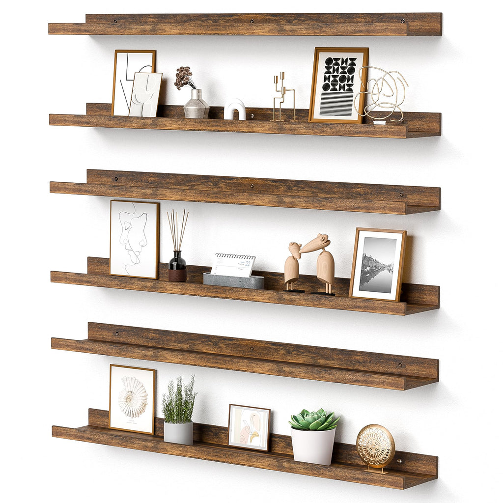 upsimples 6 Pack Wooden Floating Shelves, Wall Storage Decor Shelf for Bathroom, Bedroom, Living Room, Kitchen, Office and Laundry Room, Wall Mounted Display Hanging Shelf, Brown