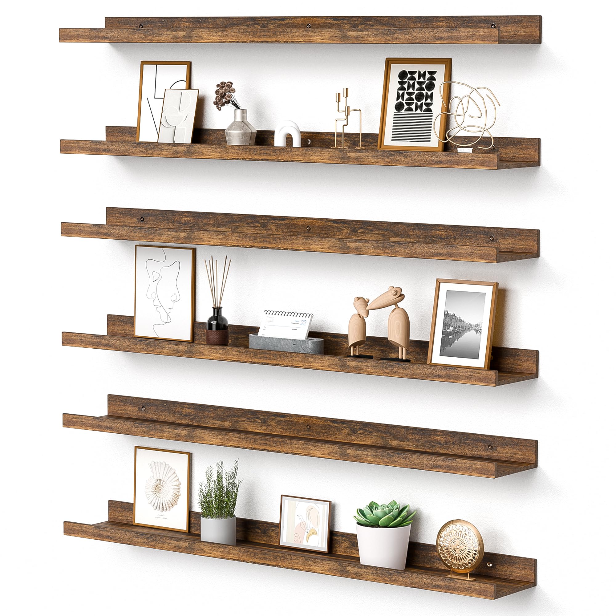 upsimples 6 Pack Wooden Floating Shelves, Wall Storage Decor Shelf for Bathroom, Bedroom, Living Room, Kitchen, Office and Laundry Room, Wall Mounted Display Hanging Shelf, Brown
