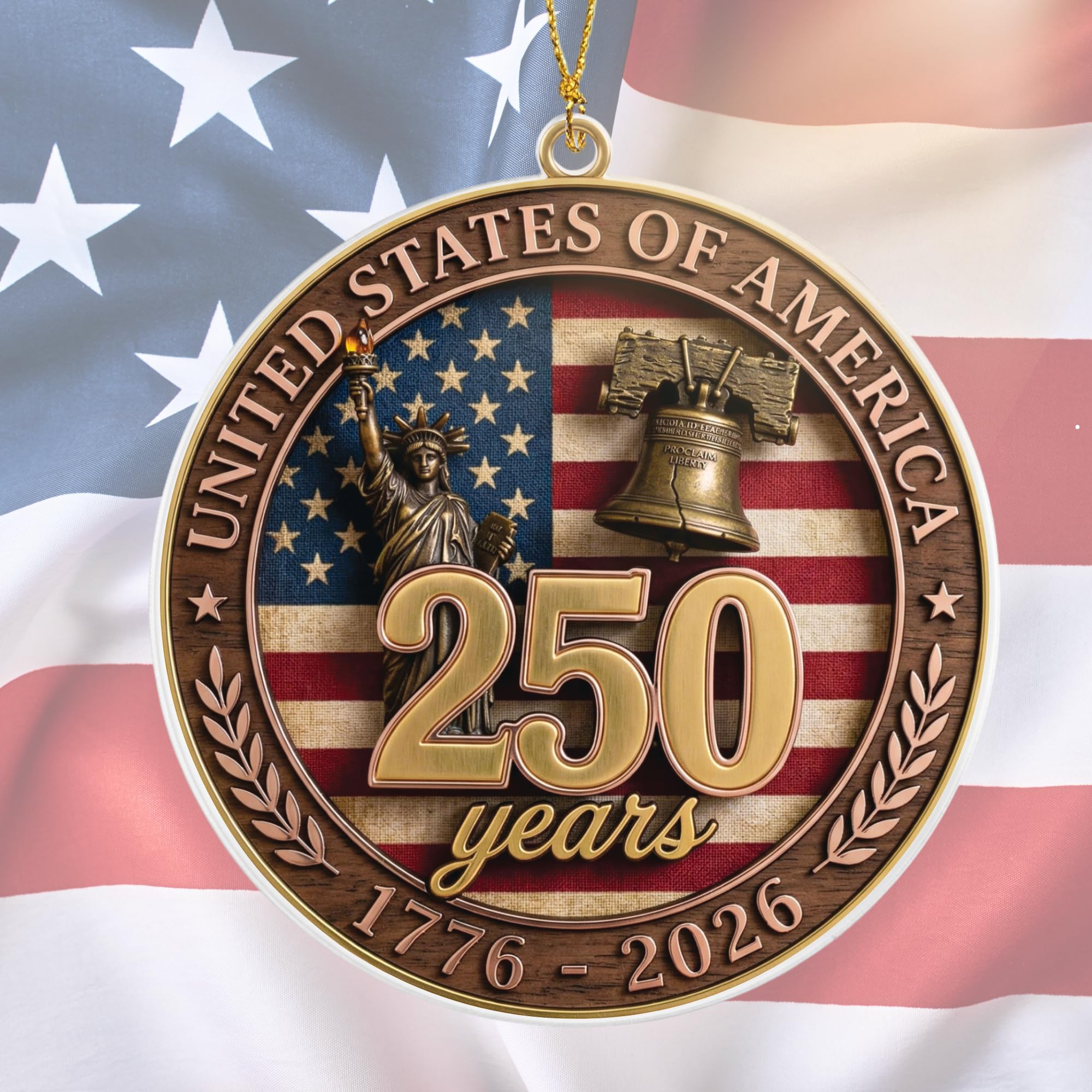 Patriotic Decorations 250 Anniversary USA Ornament - Statue of Liberty Bell, 4th of July Independence Day Tree Decor, 1776-2026 Commemorative Gift, Liberty Bell Flat Acrylic for Proud Veterans