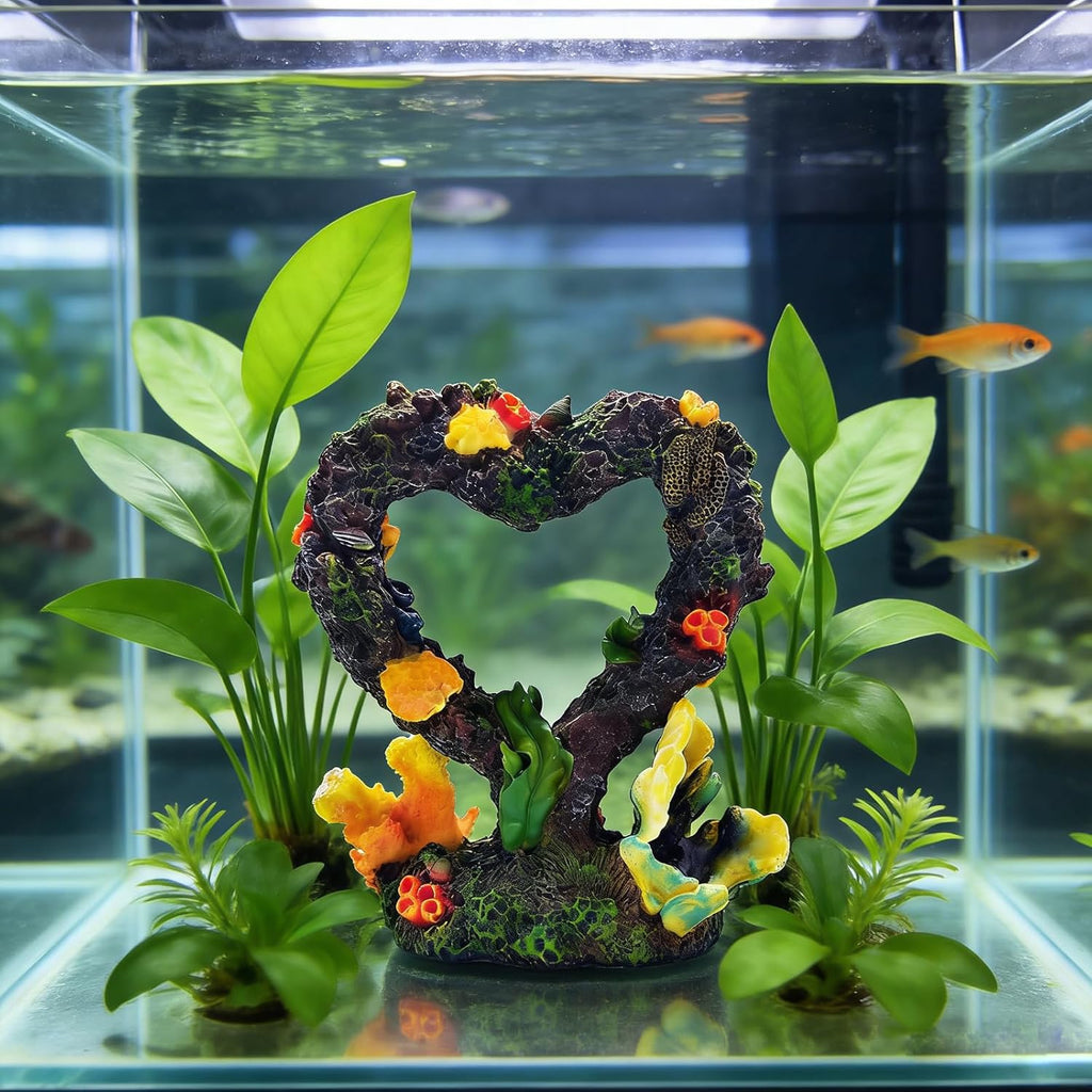 Heart Shaped Resin Coral Aquarium Ornament, Freshwater Saltwater Fish Tank Hideout for Small Fish Shrimp Aquascaping
