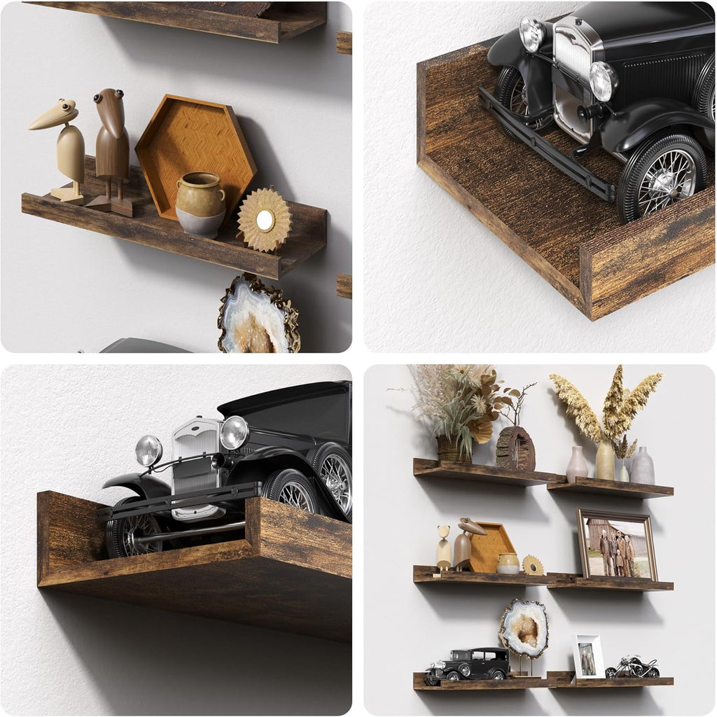 upsimples 6 Pack Wooden Floating Shelves, Wall Storage Decor Shelf for Bathroom, Bedroom, Living Room, Kitchen, Office and Laundry Room, Wall Mounted Display Hanging Shelf, Brown