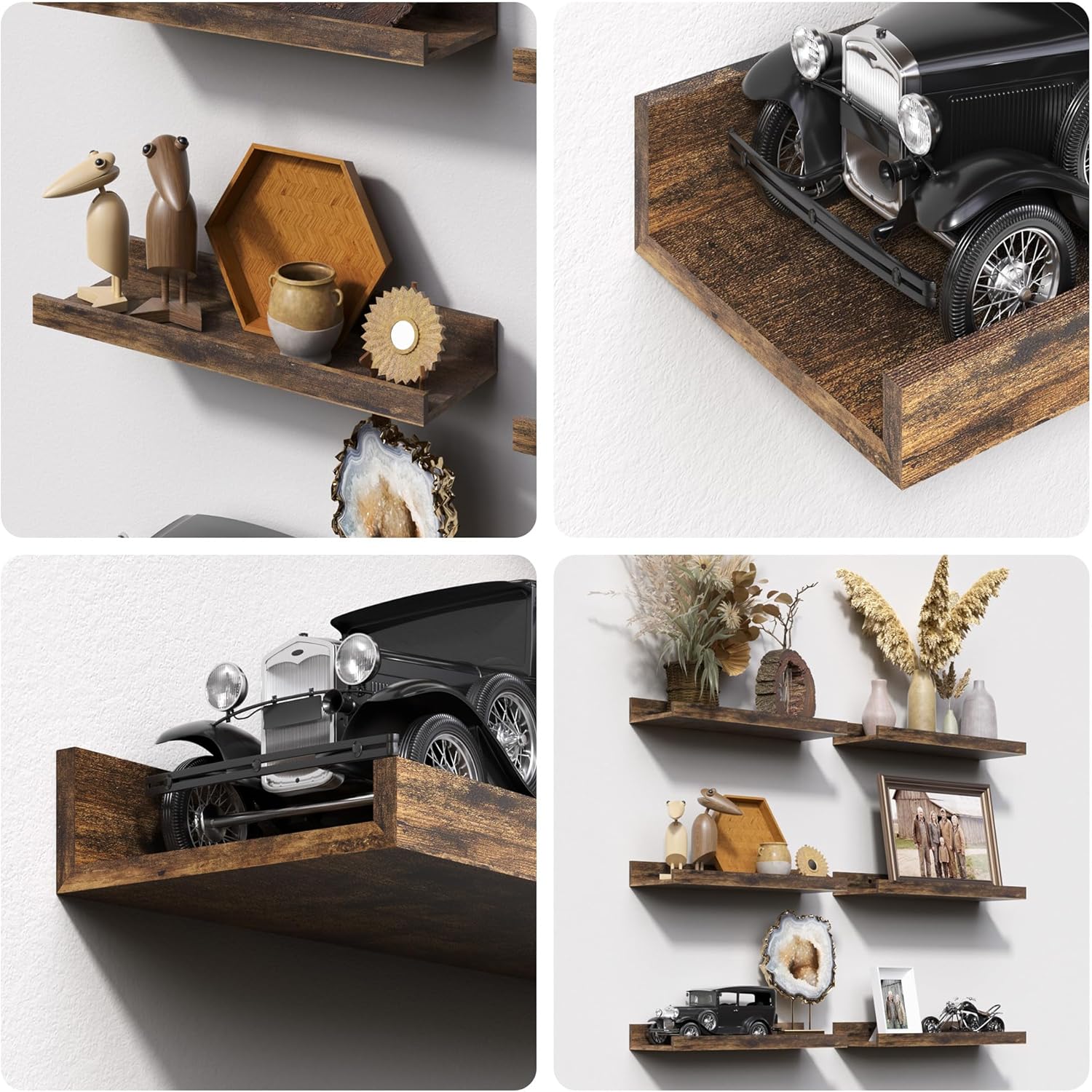 upsimples 6 Pack Wooden Floating Shelves, Wall Storage Decor Shelf for Bathroom, Bedroom, Living Room, Kitchen, Office and Laundry Room, Wall Mounted Display Hanging Shelf, Brown