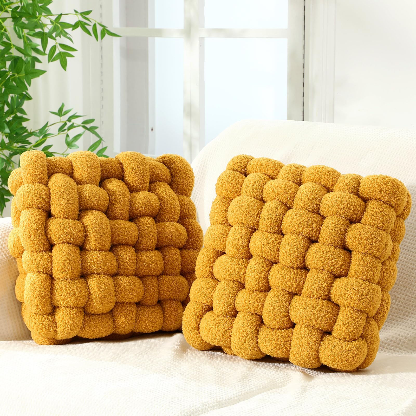 Wenqik 2 Pcs Knot Pillows Square Knotted Plush Throws Soft Accent Pillows Decoration Cushion for Couch Home Office Living Room Bedroom Bed Sofa Decor, 12'' x 13''(Ivory,Crystal Velvet)