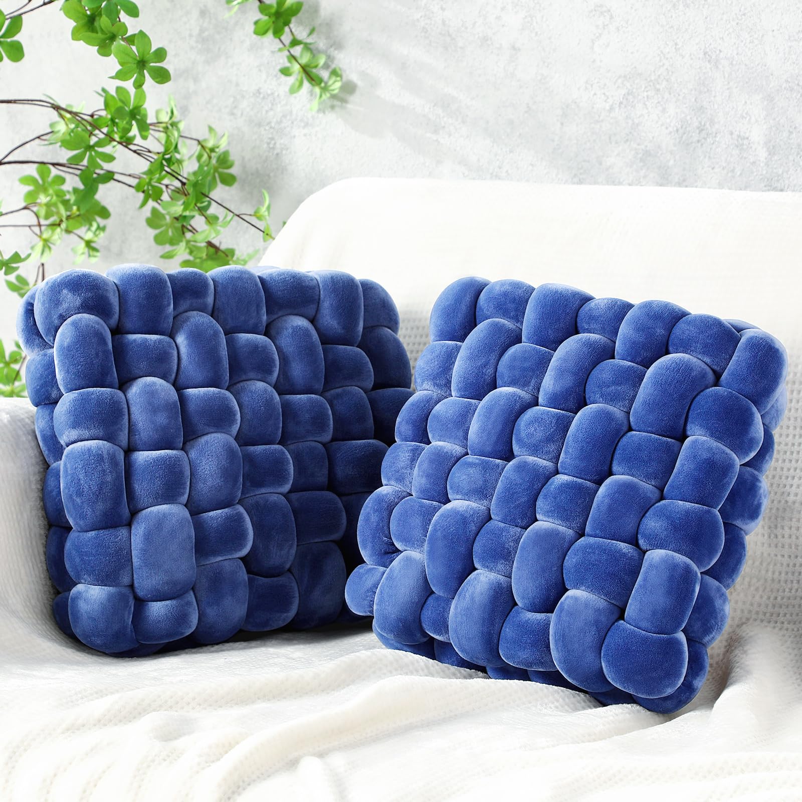 Wenqik 2 Pcs Knot Pillows Square Knotted Plush Throws Soft Accent Pillows Decoration Cushion for Couch Home Office Living Room Bedroom Bed Sofa Decor, 12'' x 13''(Ivory,Crystal Velvet)