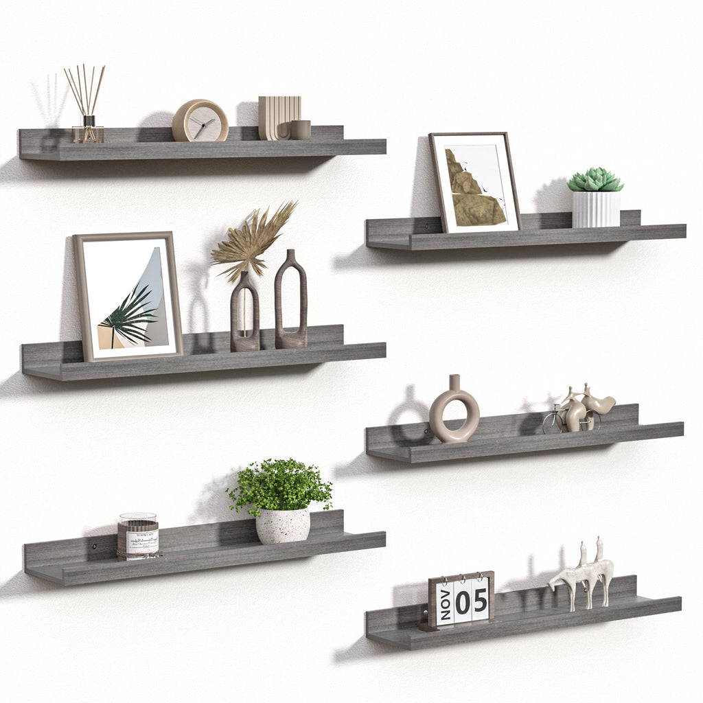 upsimples 6 Pack Wooden Floating Shelves, Wall Storage Decor Shelf for Bathroom, Bedroom, Living Room, Kitchen, Office and Laundry Room, Wall Mounted Display Hanging Shelf, Brown