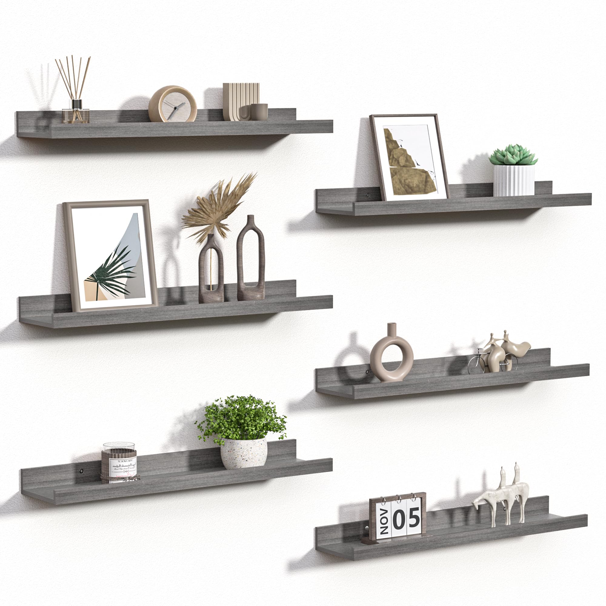 upsimples 6 Pack Wooden Floating Shelves, Wall Storage Decor Shelf for Bathroom, Bedroom, Living Room, Kitchen, Office and Laundry Room, Wall Mounted Display Hanging Shelf, Brown