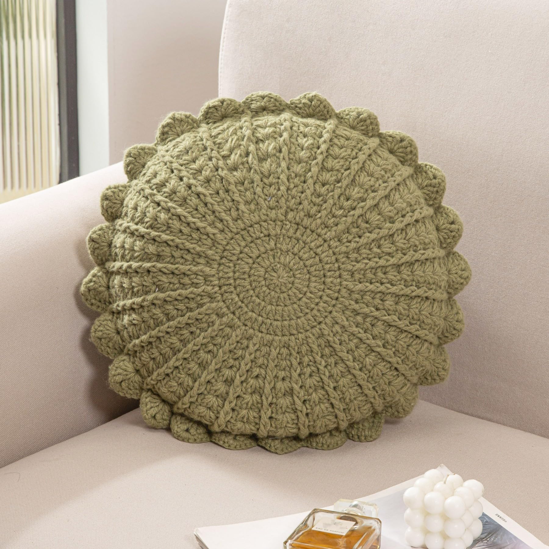 Knitted Throw Pillow Round Couch Pillow Handmade Decorative Plush Pillow Cute Cushion (Pink, 18inch)