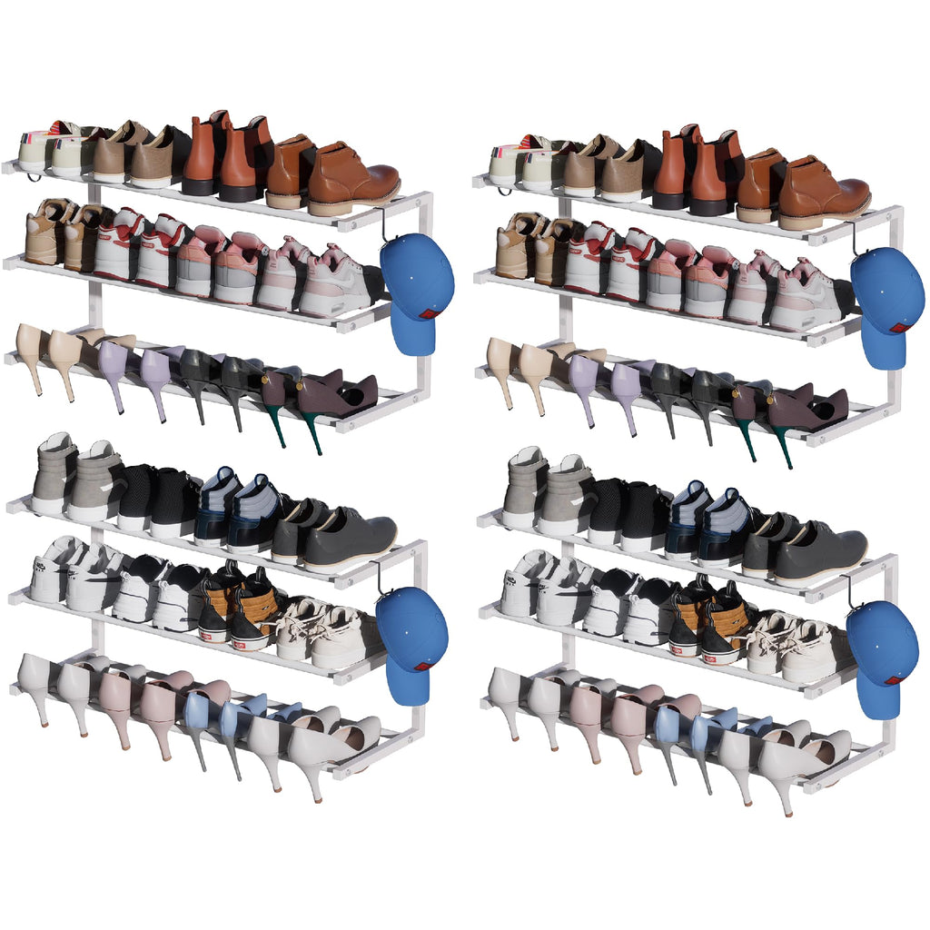 2 Pack Wall Mounted Shoe Rack, 3 Tier Hanging Shoe Rack Holds 24 Pairs, 17"-30"Adjustable Heavy Duty Shoe Organizer Holder with 4 Storage Hooks, Space Saving for Closet Entryway, Black, Patent Pending
