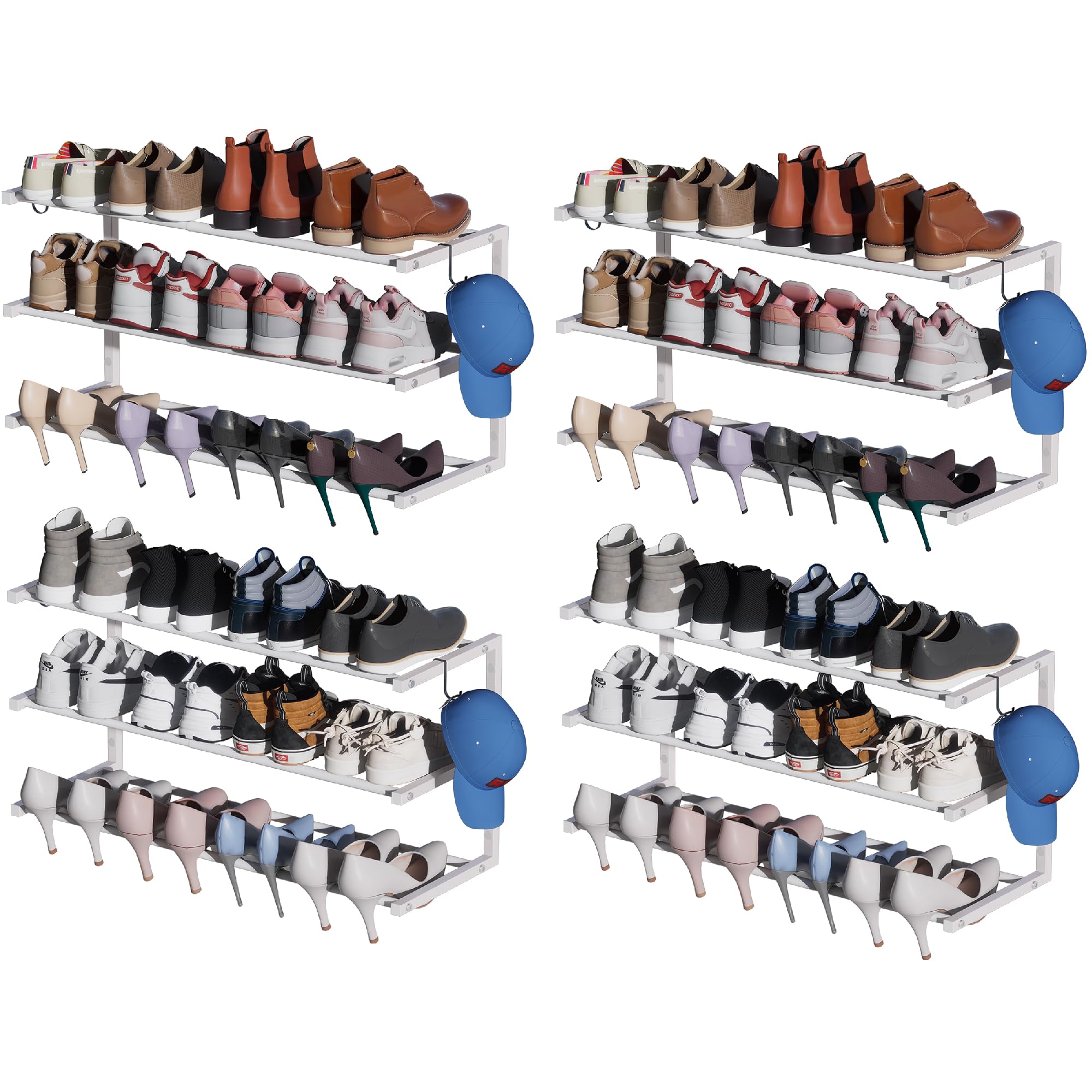 2 Pack Wall Mounted Shoe Rack, 3 Tier Hanging Shoe Rack Holds 24 Pairs, 17"-30"Adjustable Heavy Duty Shoe Organizer Holder with 4 Storage Hooks, Space Saving for Closet Entryway, Black, Patent Pending