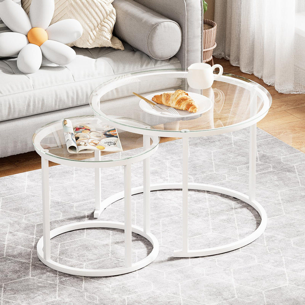 2 Pack Nesting Round Coffee Tables, Rustic Brown Side End Tables with Solid Metal Frame for Living Room Bedroom Apartment Industrial Nightstand