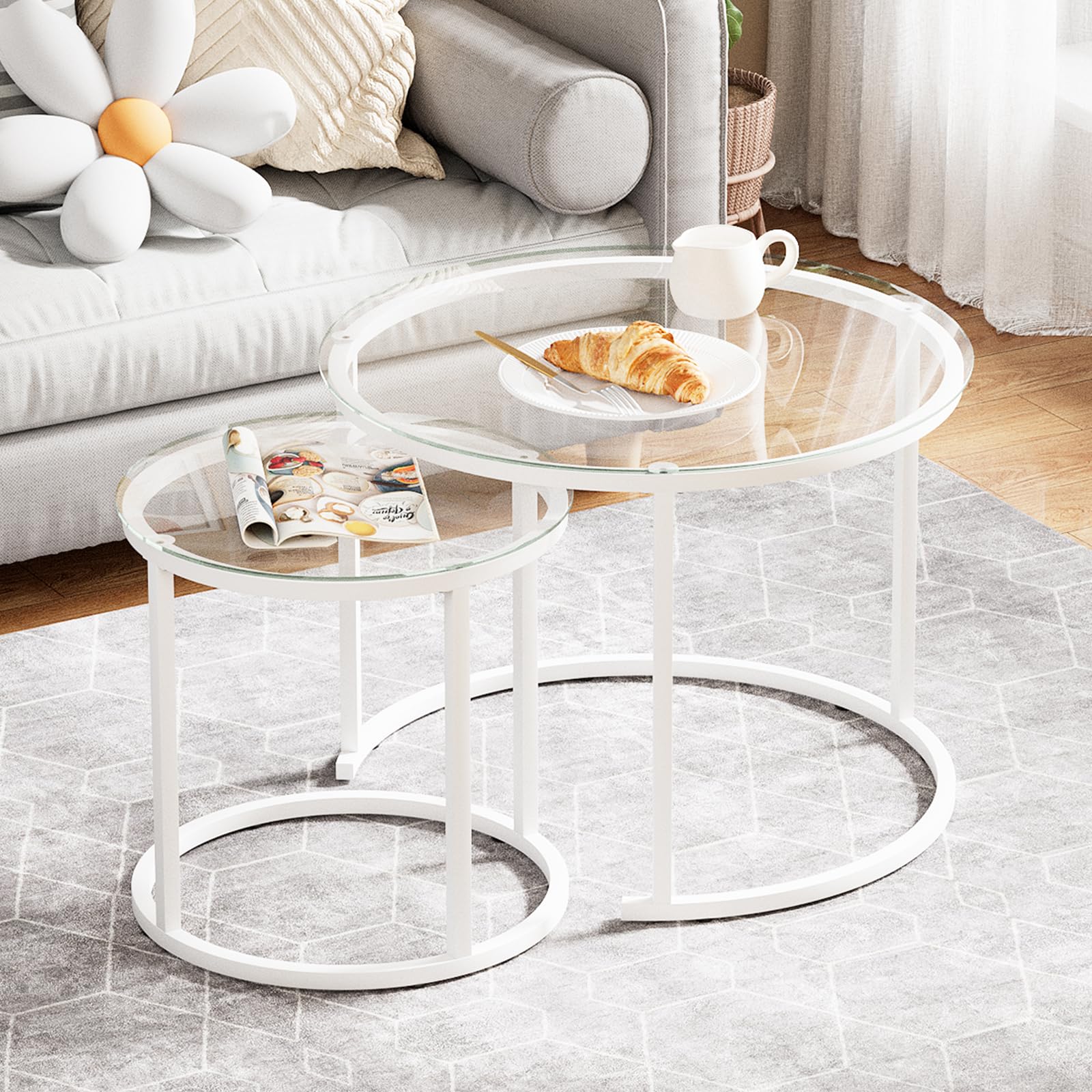 2 Pack Nesting Round Coffee Tables, Rustic Brown Side End Tables with Solid Metal Frame for Living Room Bedroom Apartment Industrial Nightstand