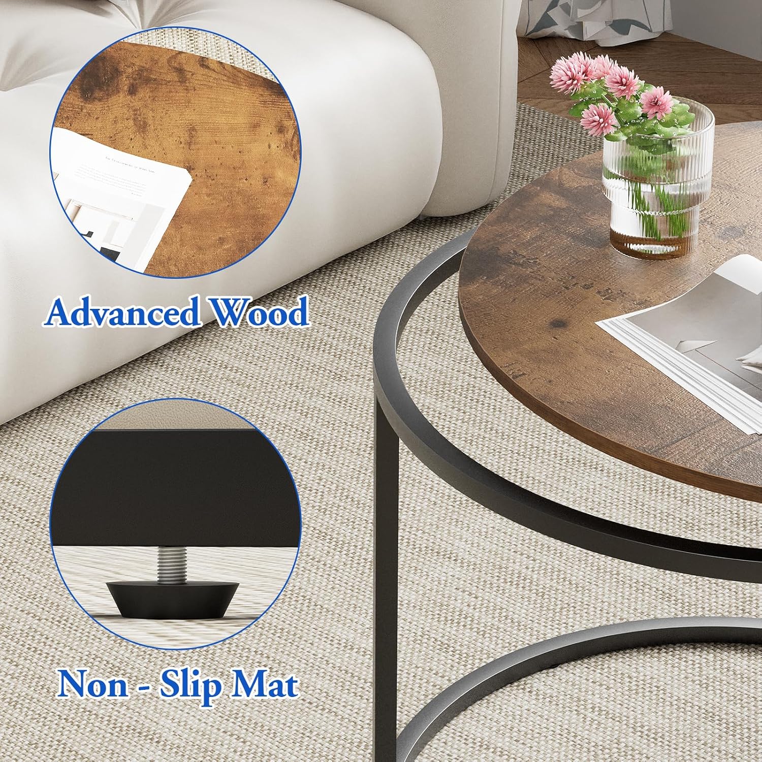 2 Pack Nesting Round Coffee Tables, Rustic Brown Side End Tables with Solid Metal Frame for Living Room Bedroom Apartment Industrial Nightstand