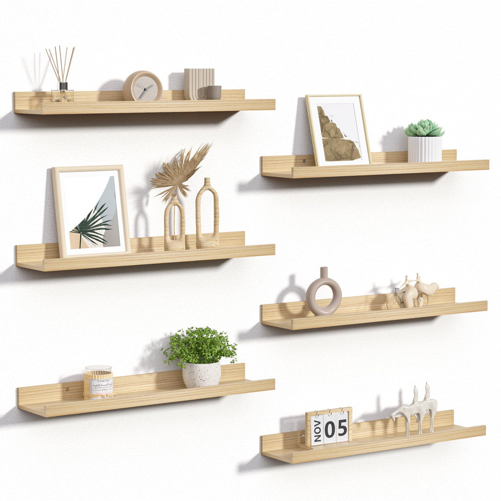 upsimples 6 Pack Wooden Floating Shelves, Wall Storage Decor Shelf for Bathroom, Bedroom, Living Room, Kitchen, Office and Laundry Room, Wall Mounted Display Hanging Shelf, Brown
