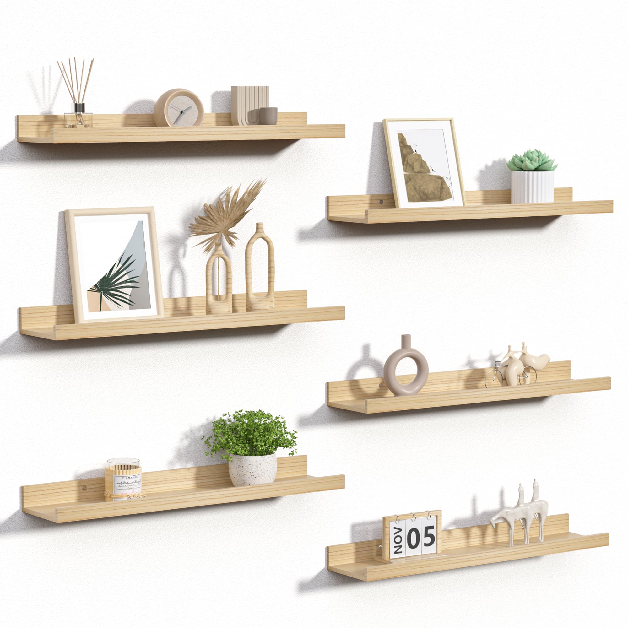 upsimples 6 Pack Wooden Floating Shelves, Wall Storage Decor Shelf for Bathroom, Bedroom, Living Room, Kitchen, Office and Laundry Room, Wall Mounted Display Hanging Shelf, Brown