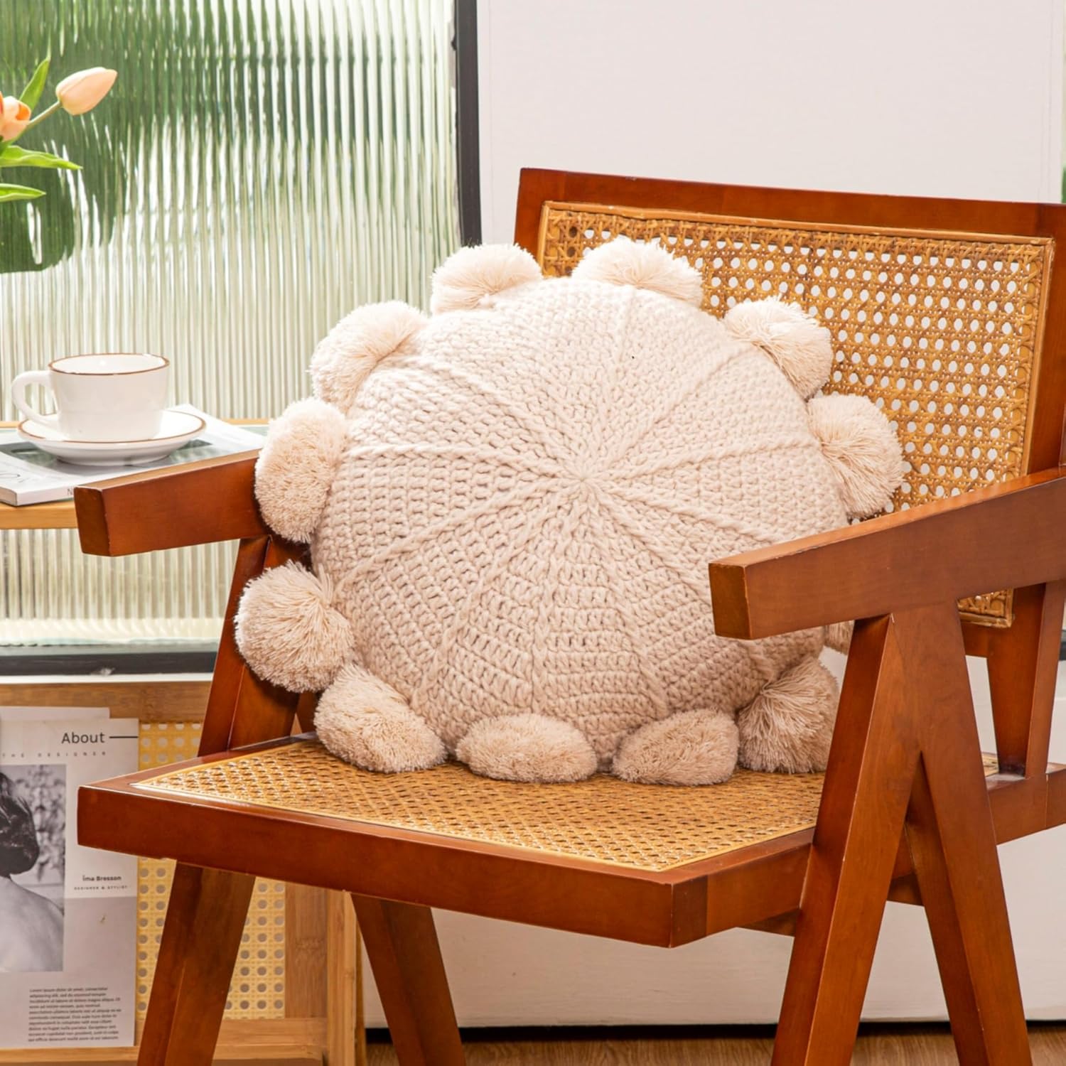 Knitted Round Throw Pillow Handmade Couch Pillow Decorative Pillow with Pom Pom (Beige, 18inch)