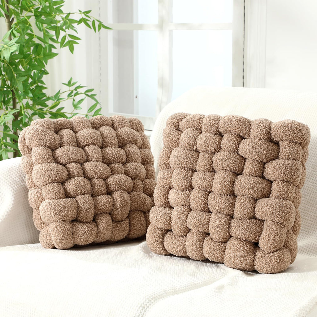 Wenqik 2 Pcs Knot Pillows Square Knotted Plush Throws Soft Accent Pillows Decoration Cushion for Couch Home Office Living Room Bedroom Bed Sofa Decor, 12'' x 13''(Ivory,Crystal Velvet)