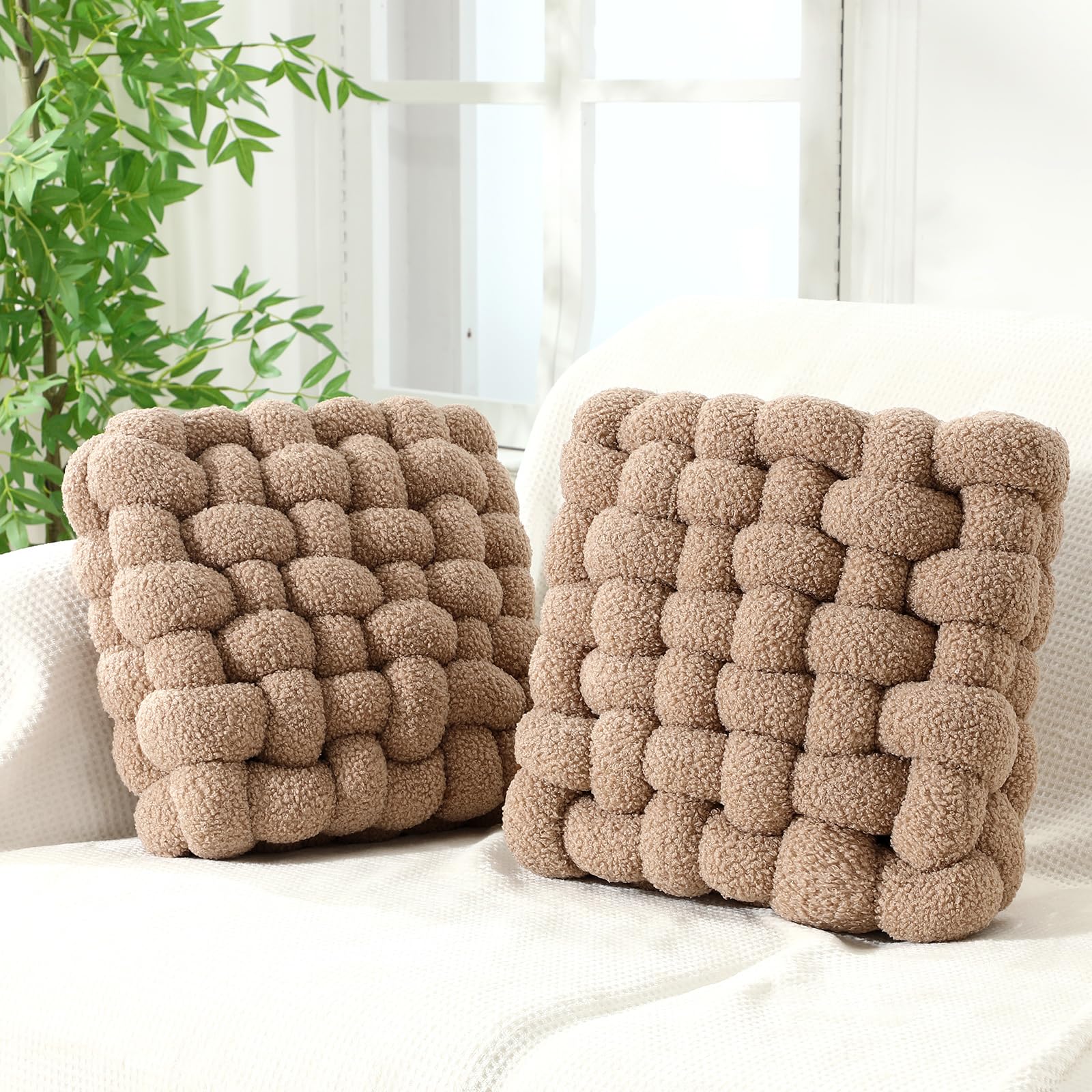 Wenqik 2 Pcs Knot Pillows Square Knotted Plush Throws Soft Accent Pillows Decoration Cushion for Couch Home Office Living Room Bedroom Bed Sofa Decor, 12'' x 13''(Ivory,Crystal Velvet)