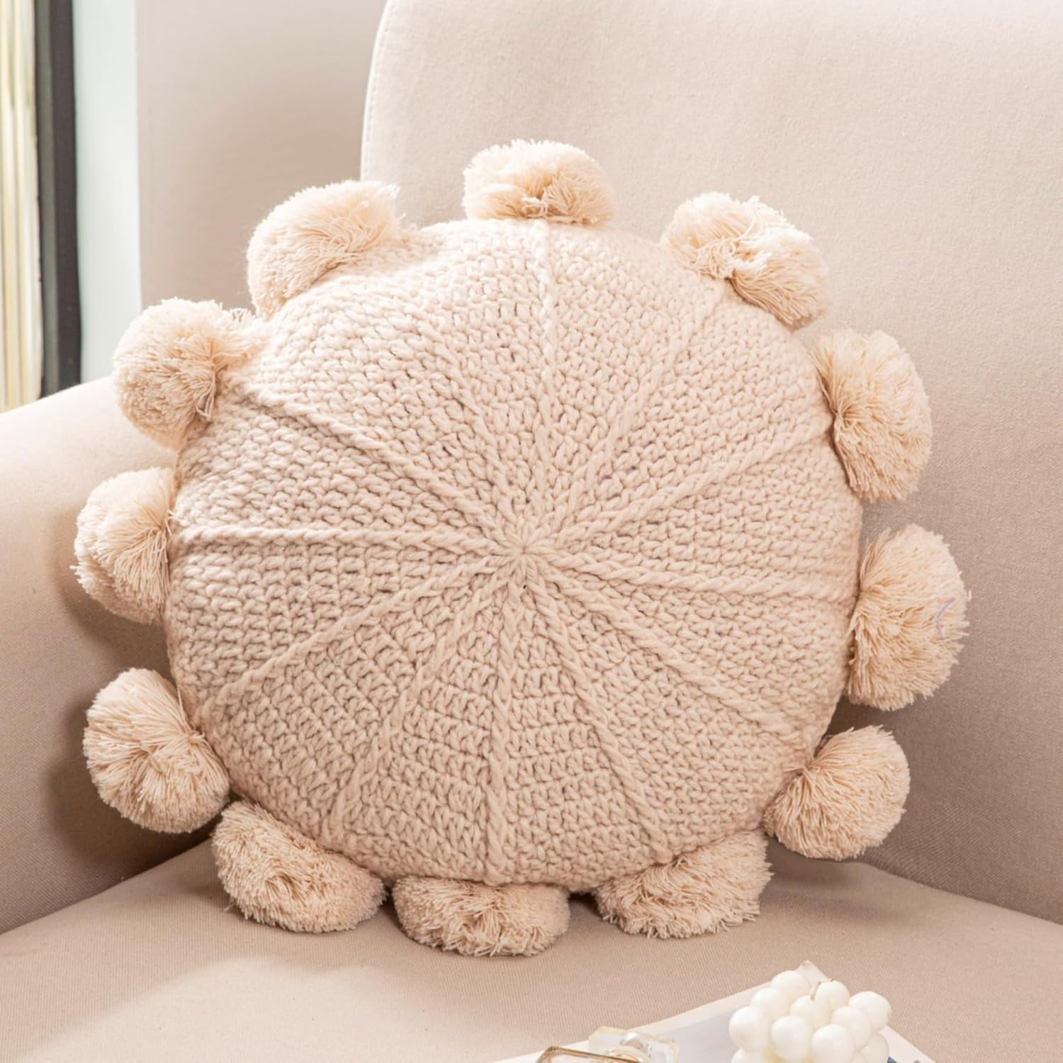 Knitted Round Throw Pillow Handmade Couch Pillow Decorative Pillow with Pom Pom (Beige, 18inch)