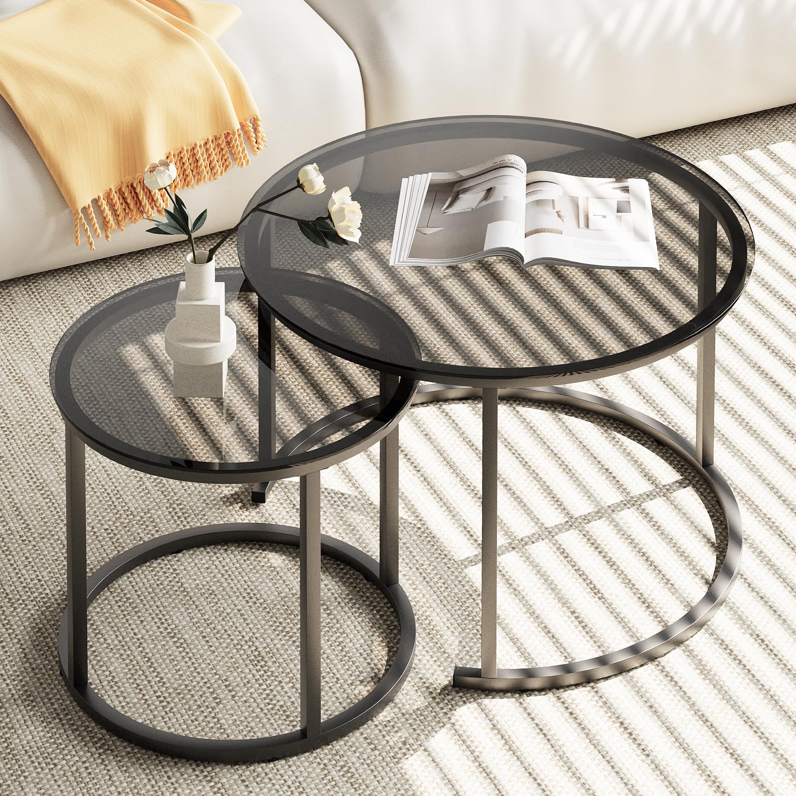 2 Pack Nesting Round Coffee Tables, Rustic Brown Side End Tables with Solid Metal Frame for Living Room Bedroom Apartment Industrial Nightstand