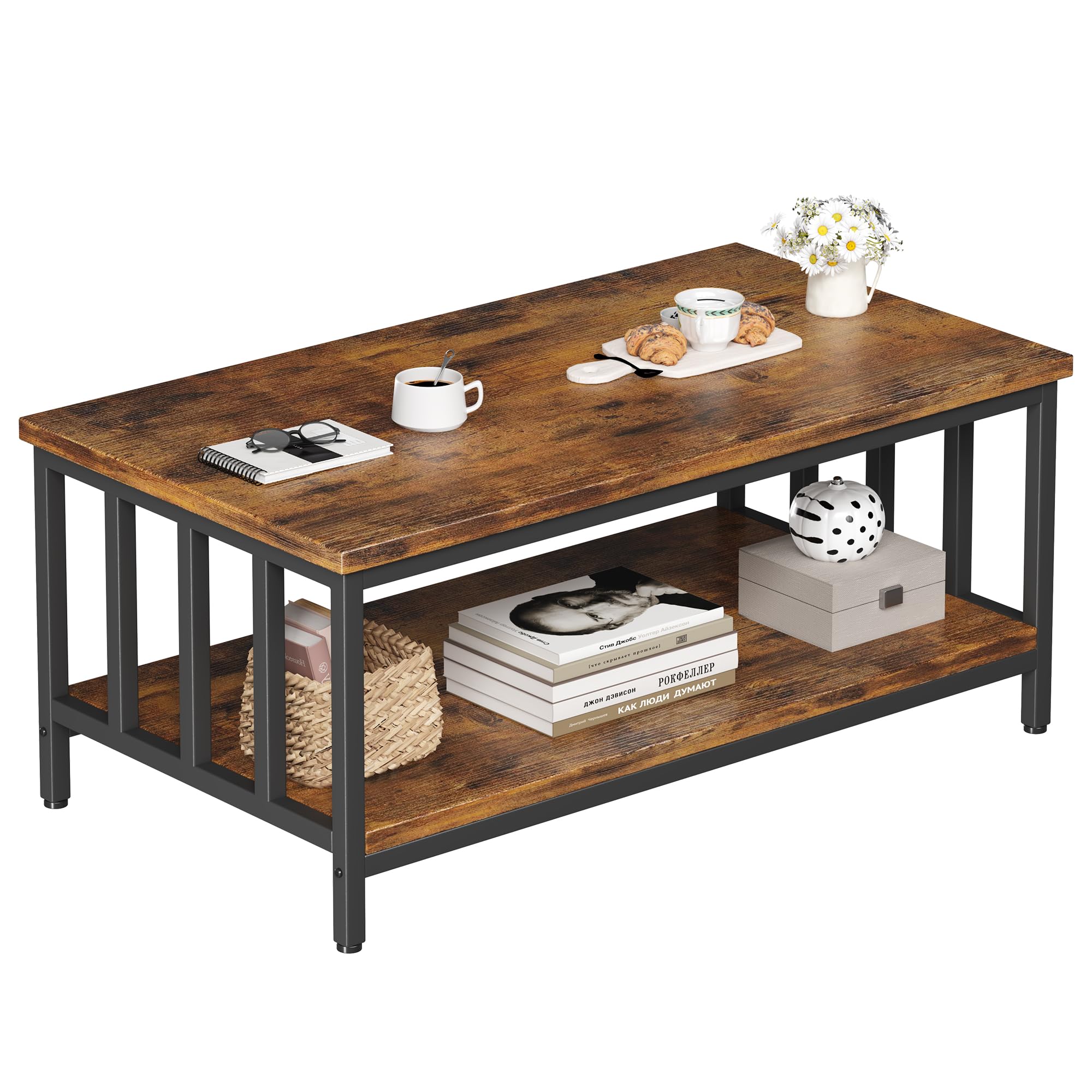 Homeiju Coffee Table for Living Room with Slatted Sides Frame, Modern Farmhouse Living Room Table with 2-Tier Storage Shelf for Home Office, Apartment, Grey Wash, 39 inch