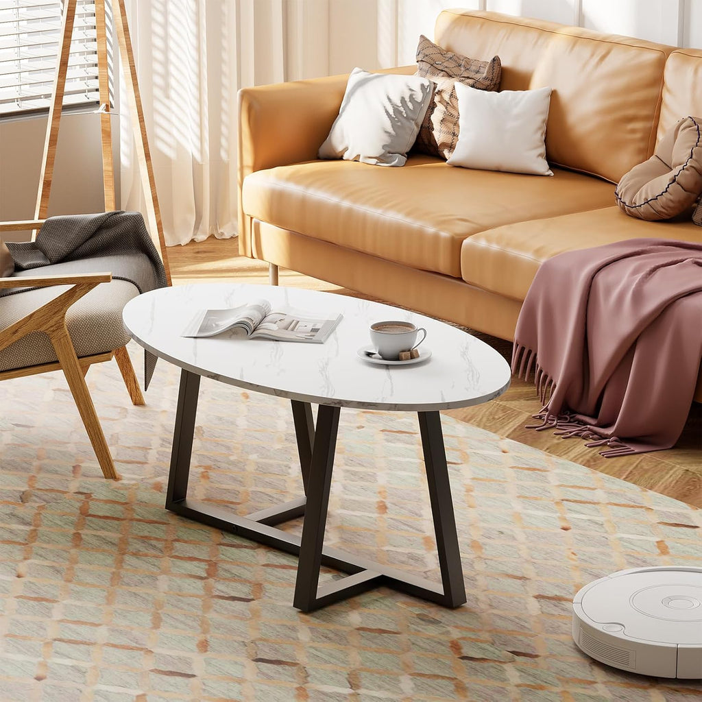 Wolawu Coffee Table Small Oval Table,White Faux Marble Table for Living Room, Modern Center Tea Tables for Small Space,Wooden Tables End Tables with Sturdy Black Metal Leg