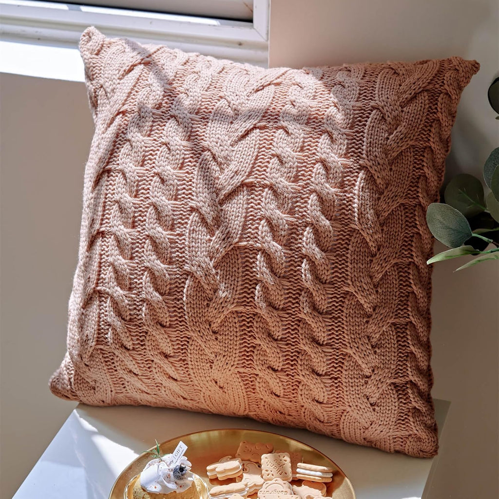 vctops Cable Knit Throw Pillow Cover Farmhouse Doule Side Knitted Decorative Cushion Cover Soft Cozy Sweater Square Accent Pillowcase for Sofa Couch Bed Home Decor (Pink,18"x18")