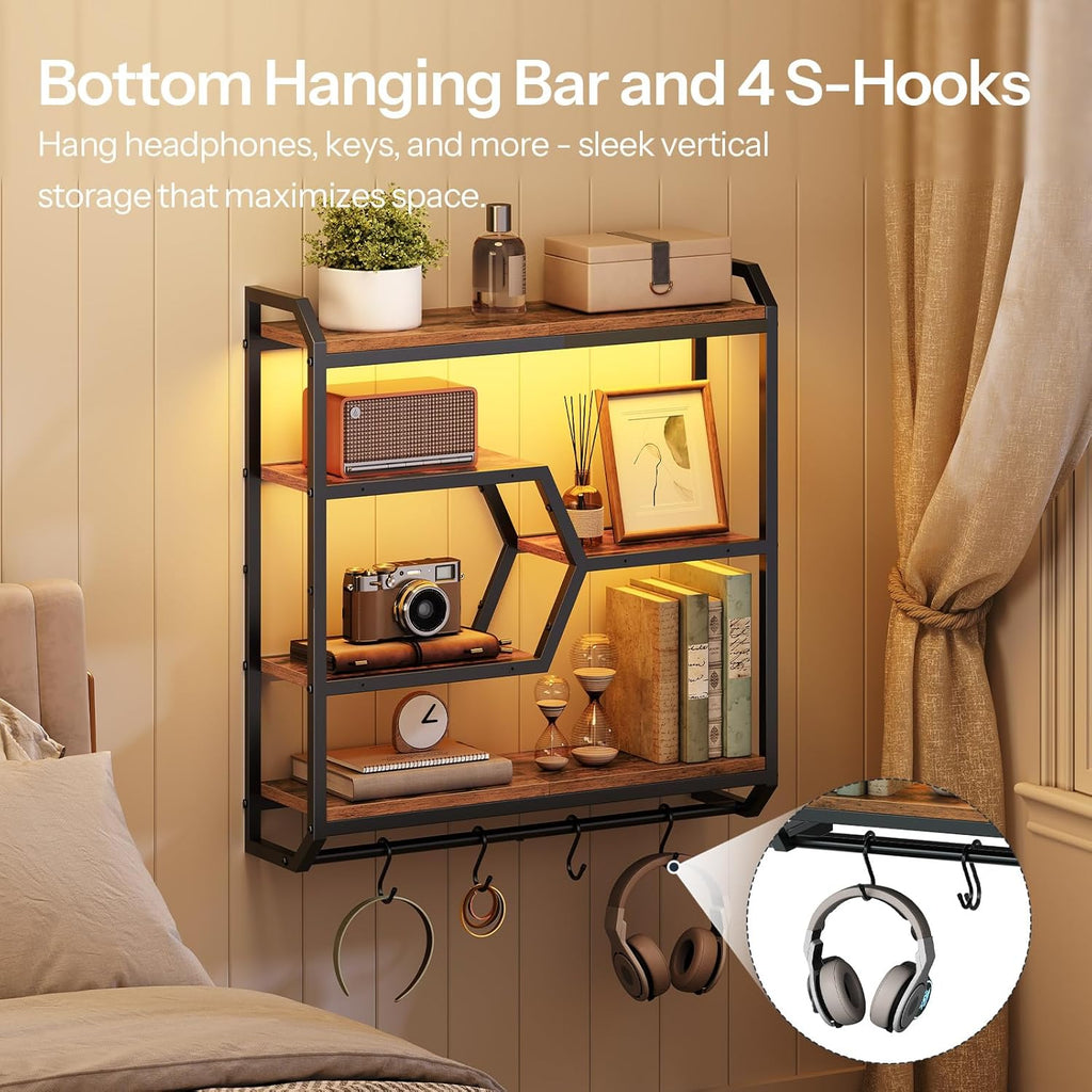 HOOBRO 27.5" Floating Shelf with LED Lights, Gaming LED Wall Mounted Shelf with Hanging Rod & 4 S-Hooks, 4-Tier Hanging Display Rack, for Living Room, Gaming Room, Rustic Brown and Black BF71DBJ01